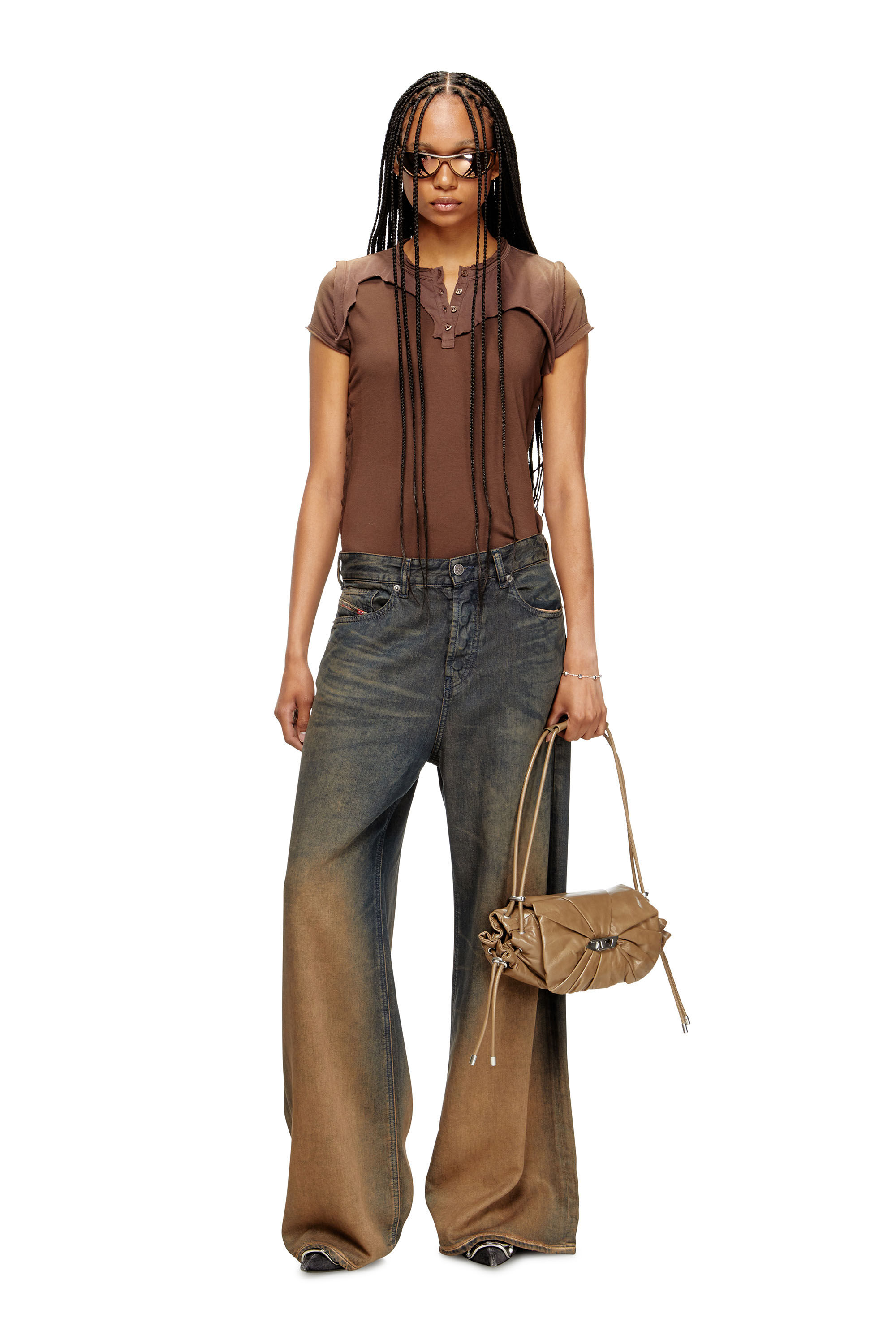 Diesel - T-UNRAWY, Female's Henley T-shirt with peel-off effect in Brown - 1
