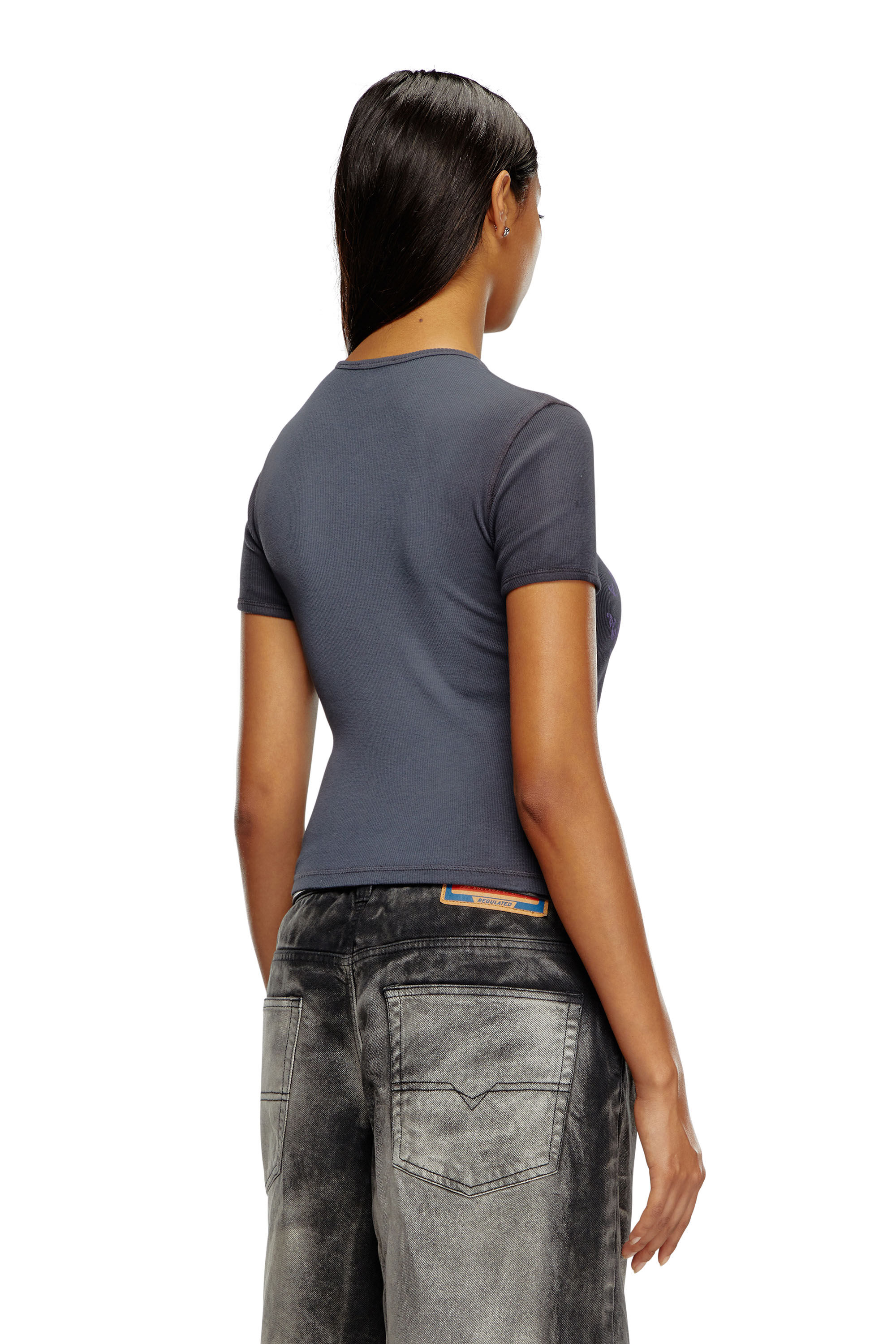 Diesel - T-ELE-LONG-P1, Female's Ribbed T-shirt with Diesel sword print in Black/Violet - 4