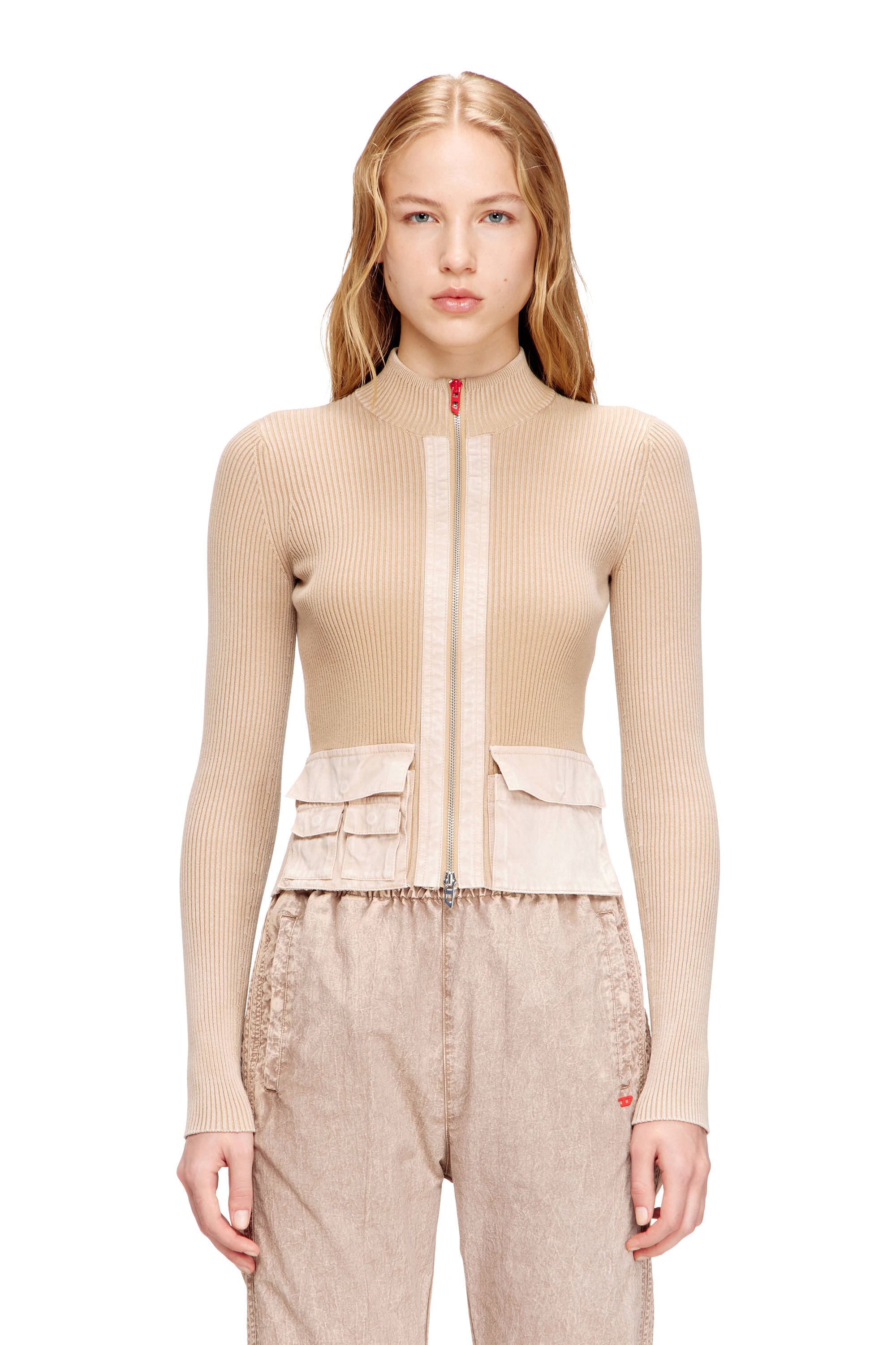 Women's Zip-up cardigan with denim cargo pockets | Beige | Diesel
