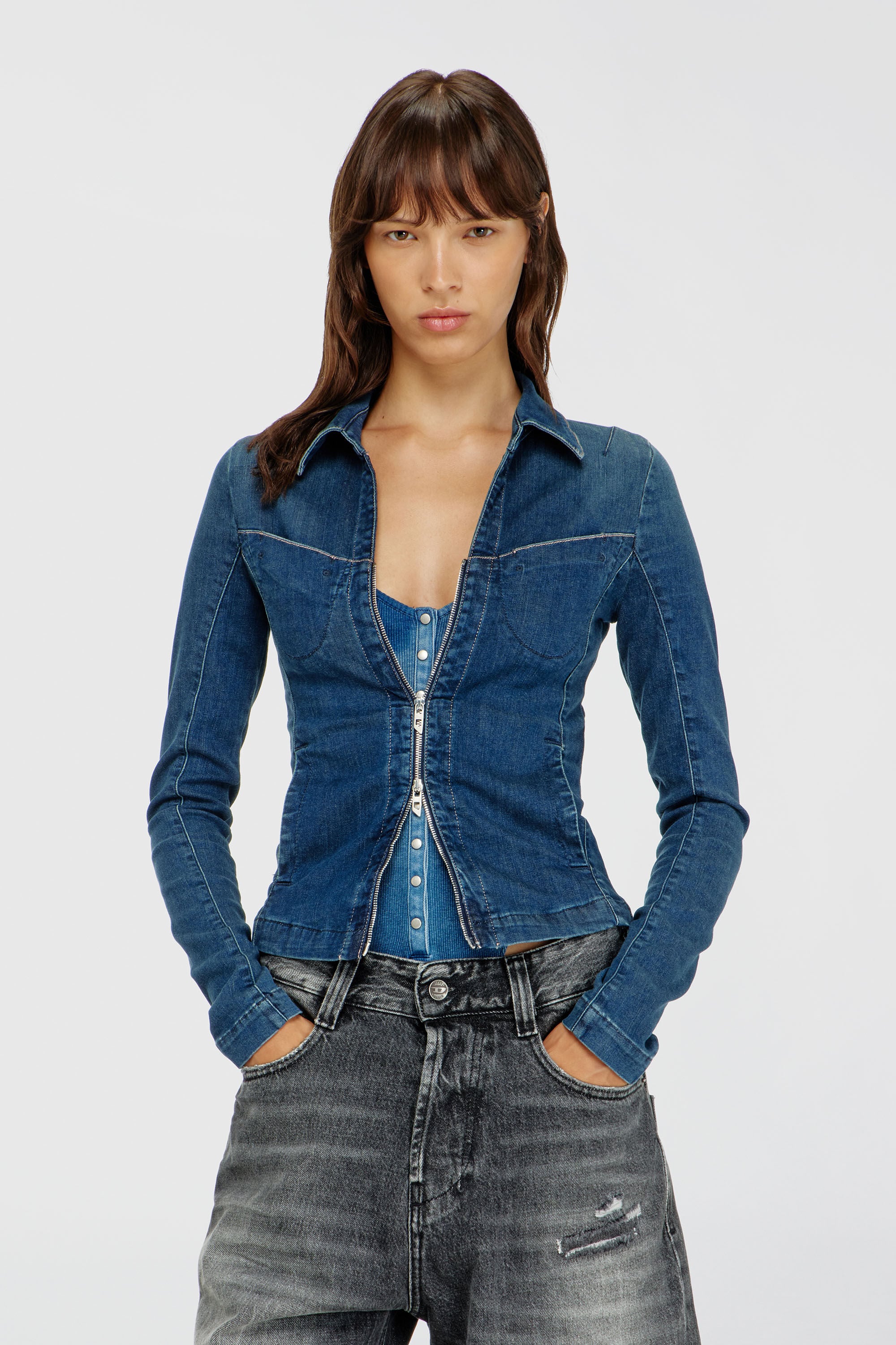 Diesel - DE-QUINOR-S1, Female's Full-zip shirt in denim in Medium Blue - 3