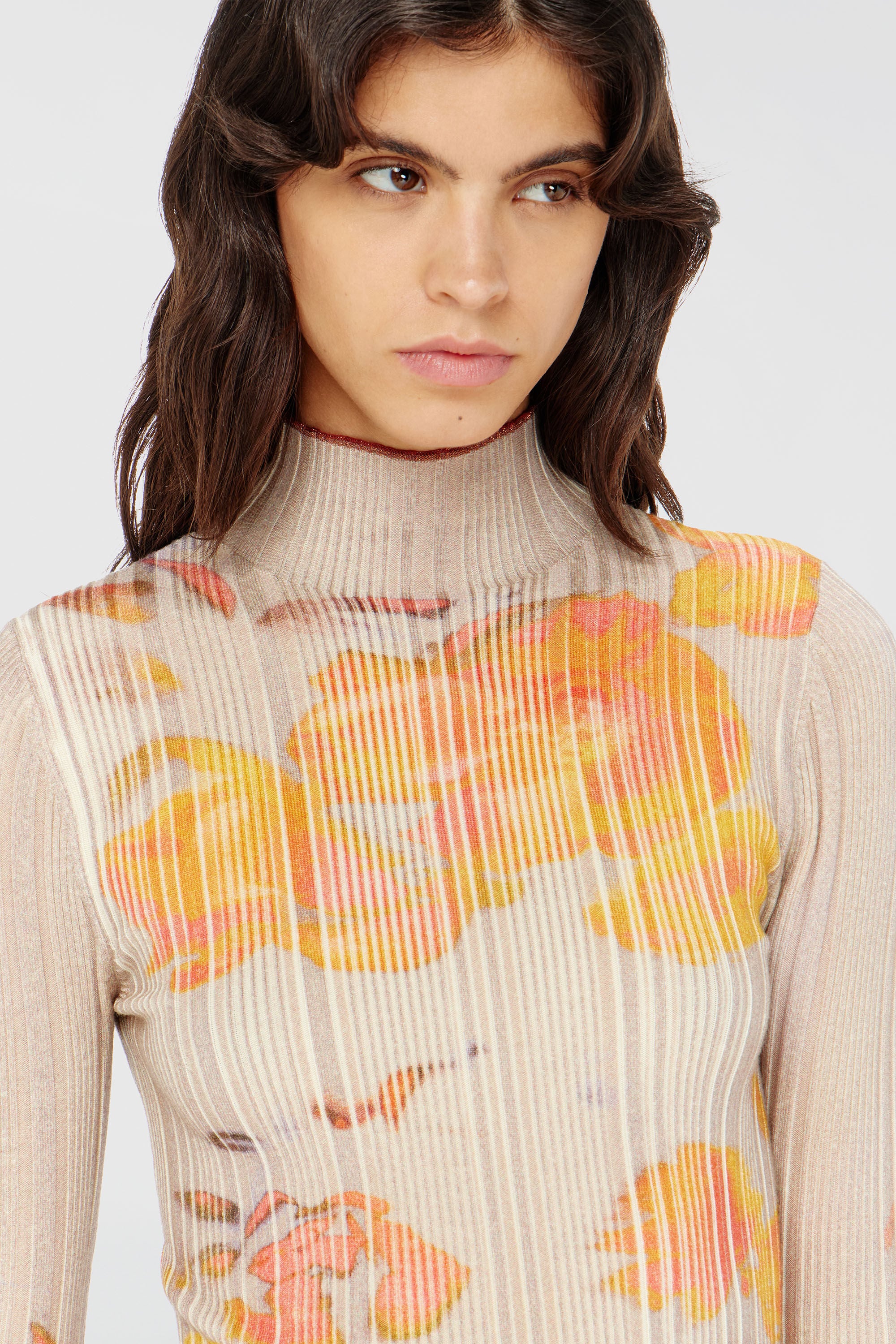 Diesel - M-IORIA, Woman's Ribbed wool turtleneck top with floral print in Yellow/Beige - 5