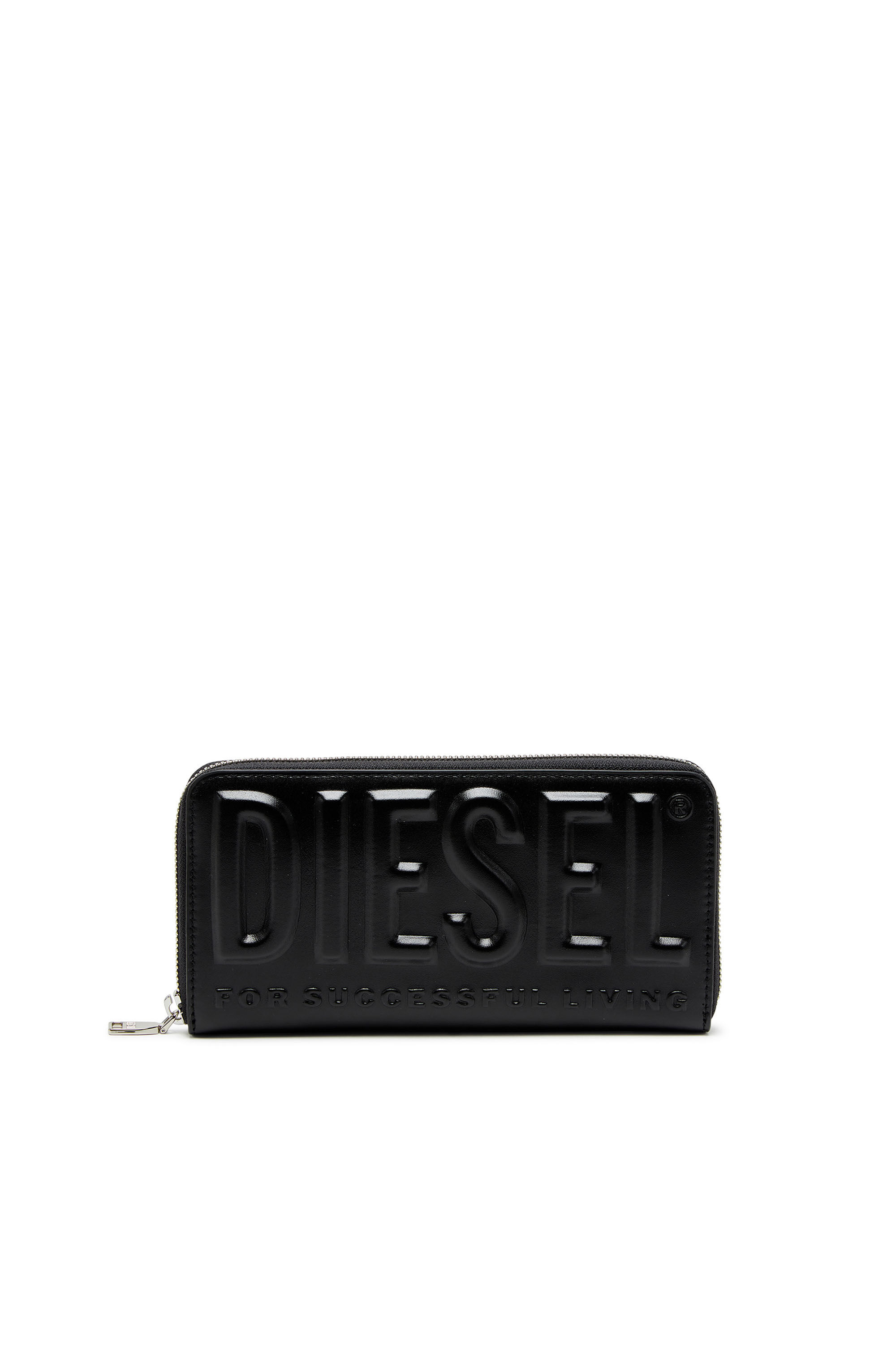 Men's Long zip wallet in logo-embossed leather | Black | Diesel