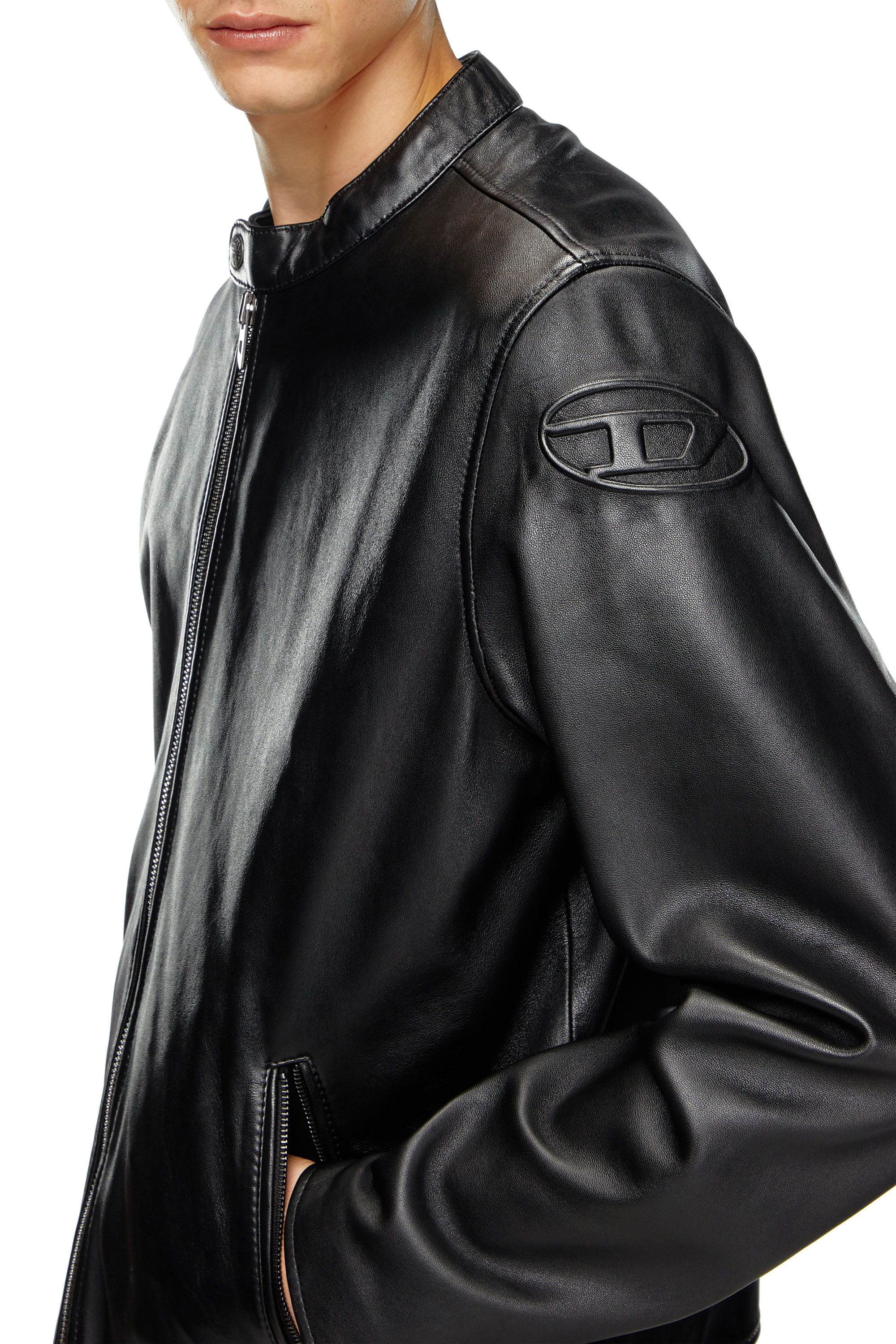 【マサヨシ】　DIESEL ブラックレザージャケット XXL Men's Leather biker jacket with embossed logo | Black | Diesel