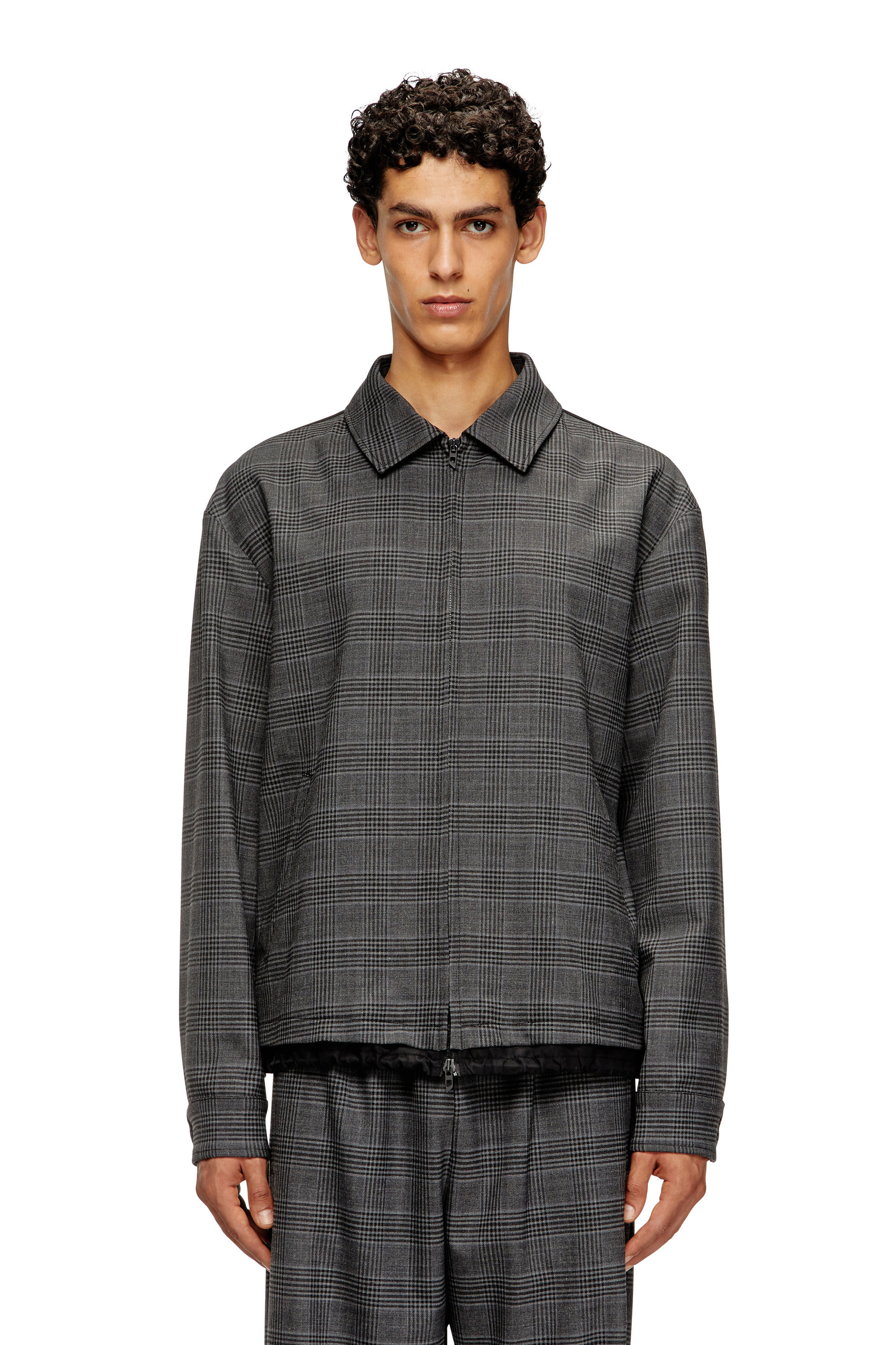 Diesel - J-TING, Male's Coach jacket in Prince of Wales wool blend and satin in Black/Grey - 3