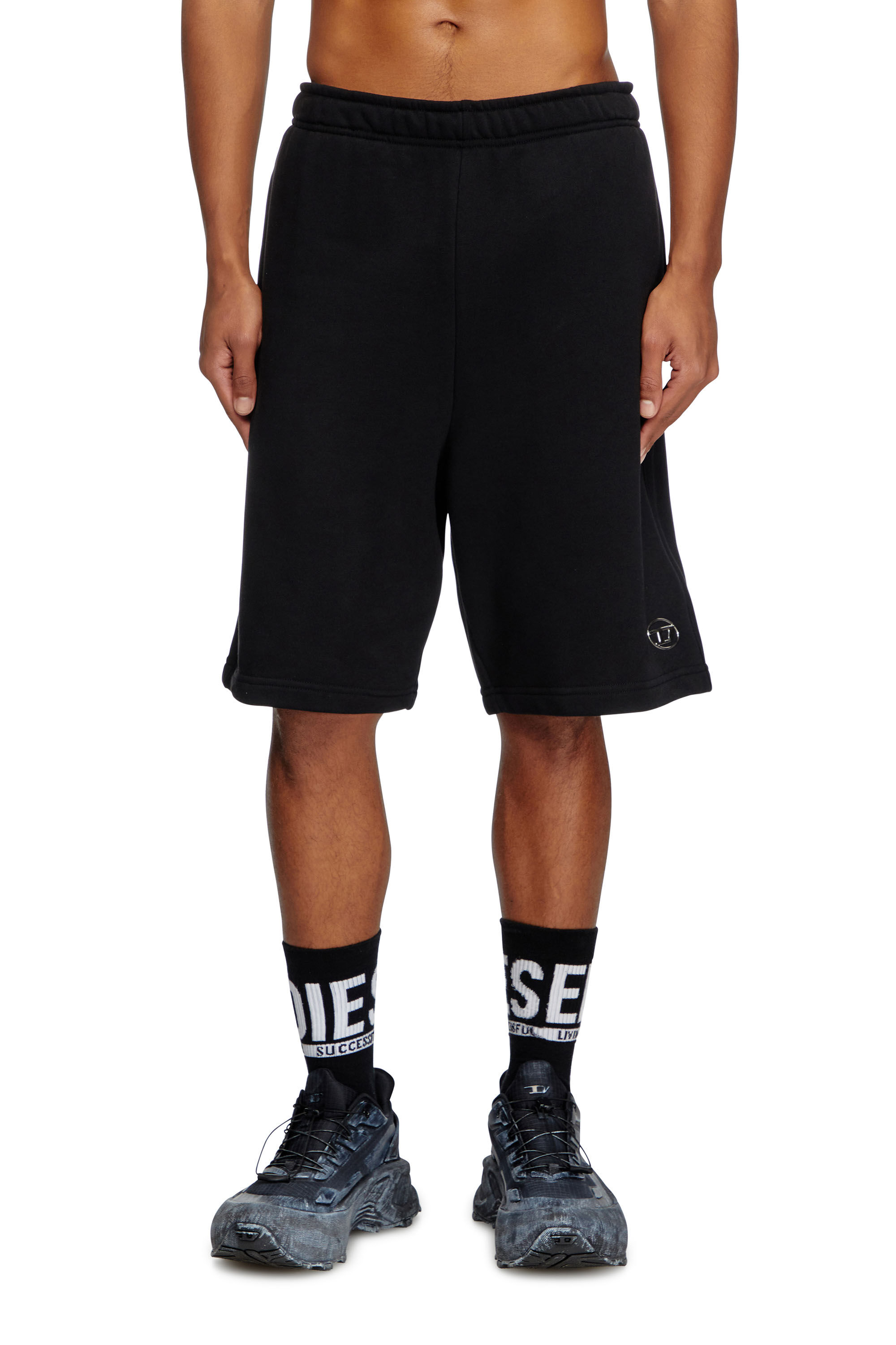 Men's Sweat shorts with silver Oval D | Black | Diesel