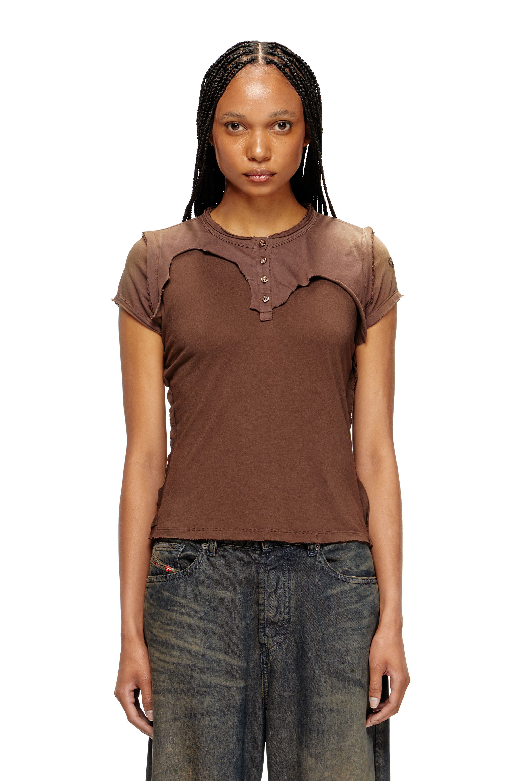 Diesel - T-UNRAWY, Female's Henley T-shirt with peel-off effect in Brown - 3