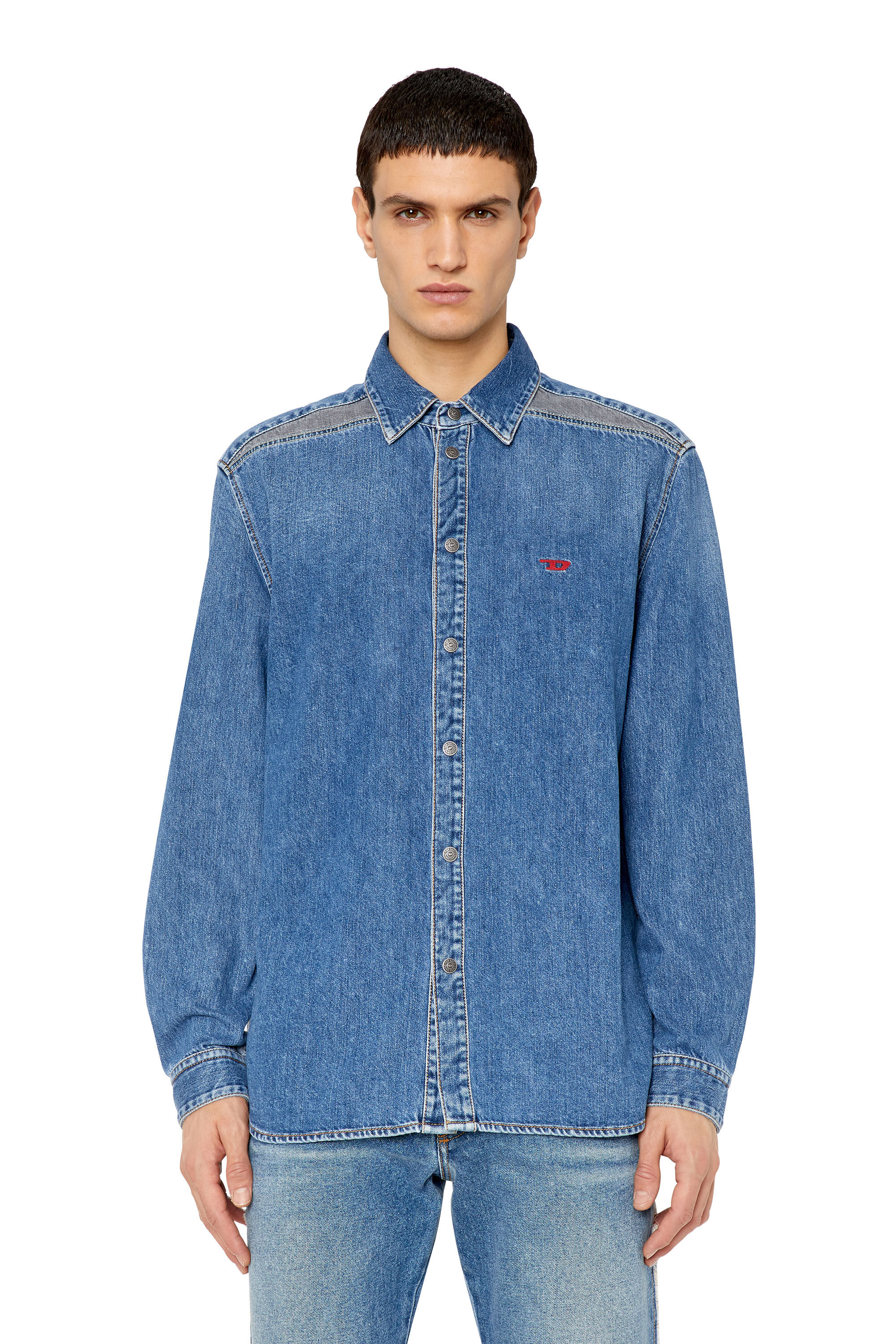 Diesel - D-SIMPLY-RS, Chemise en denim avec empiècements contrastés Homme in Bleu - 3