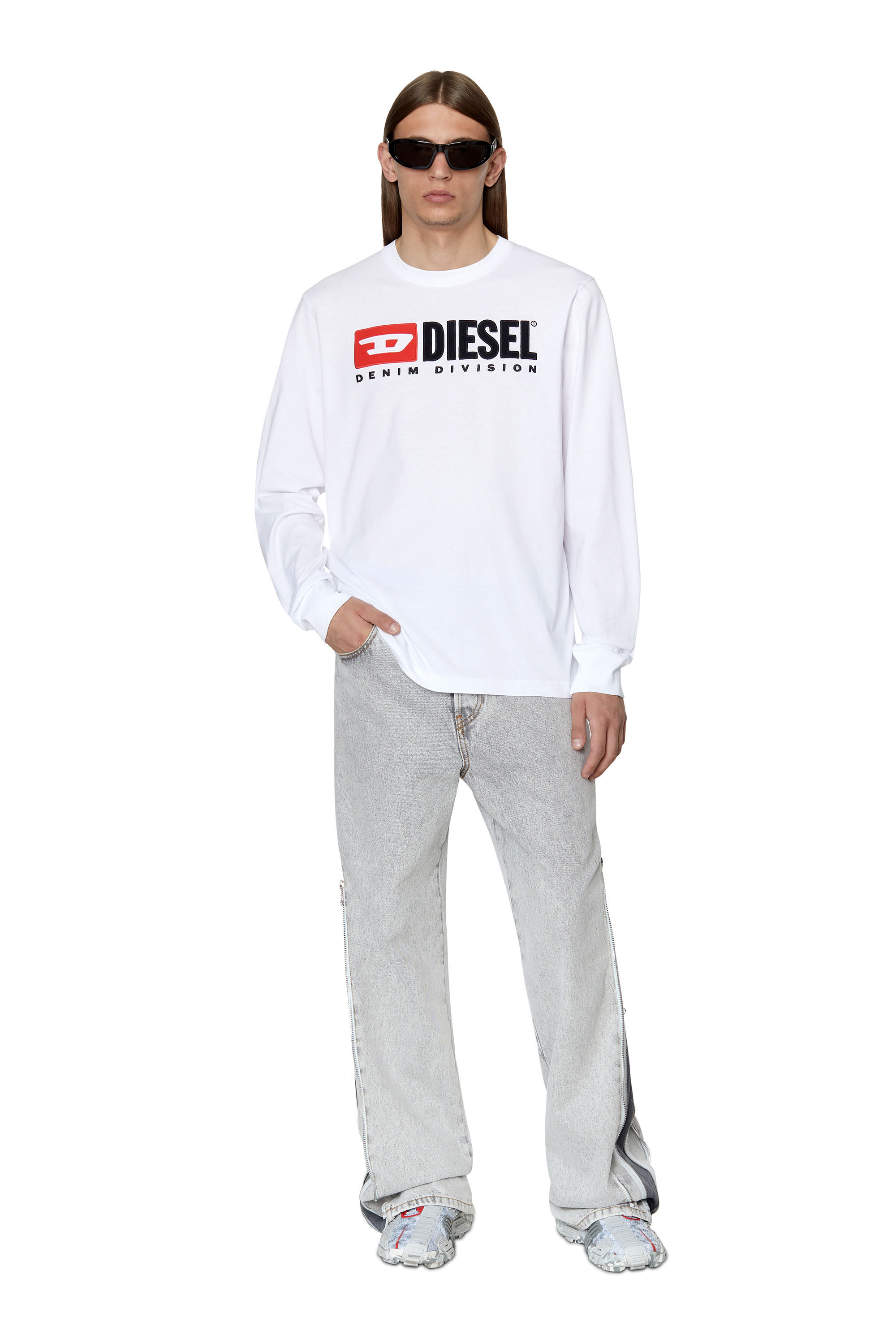 Diesel - T-JUST-LS-DIV, T-shirt à manches longues avec logo en polaire Homme in Blanc - 1