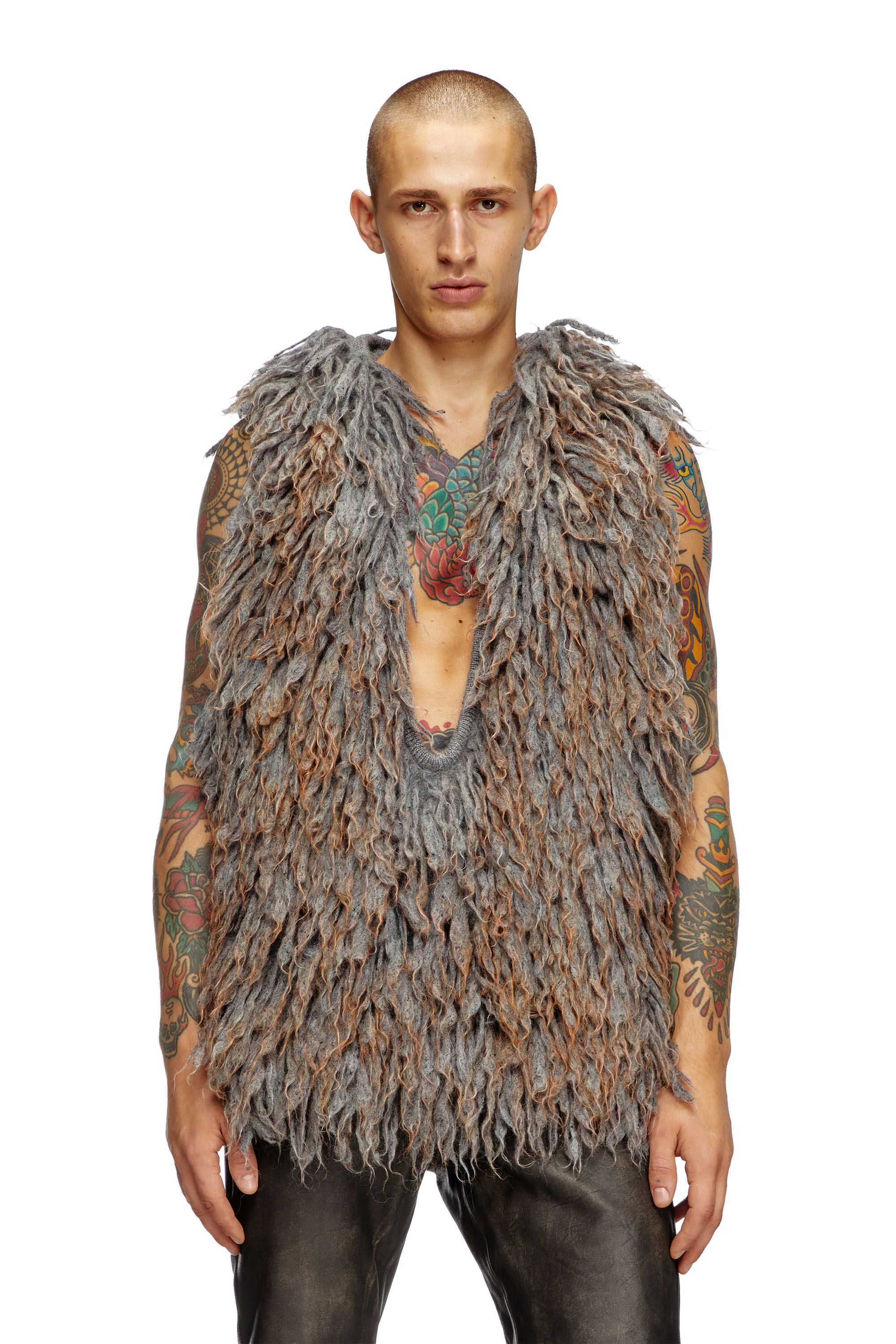 Men's Sleeveless hoodie in shaggy knit | Grey | Diesel US