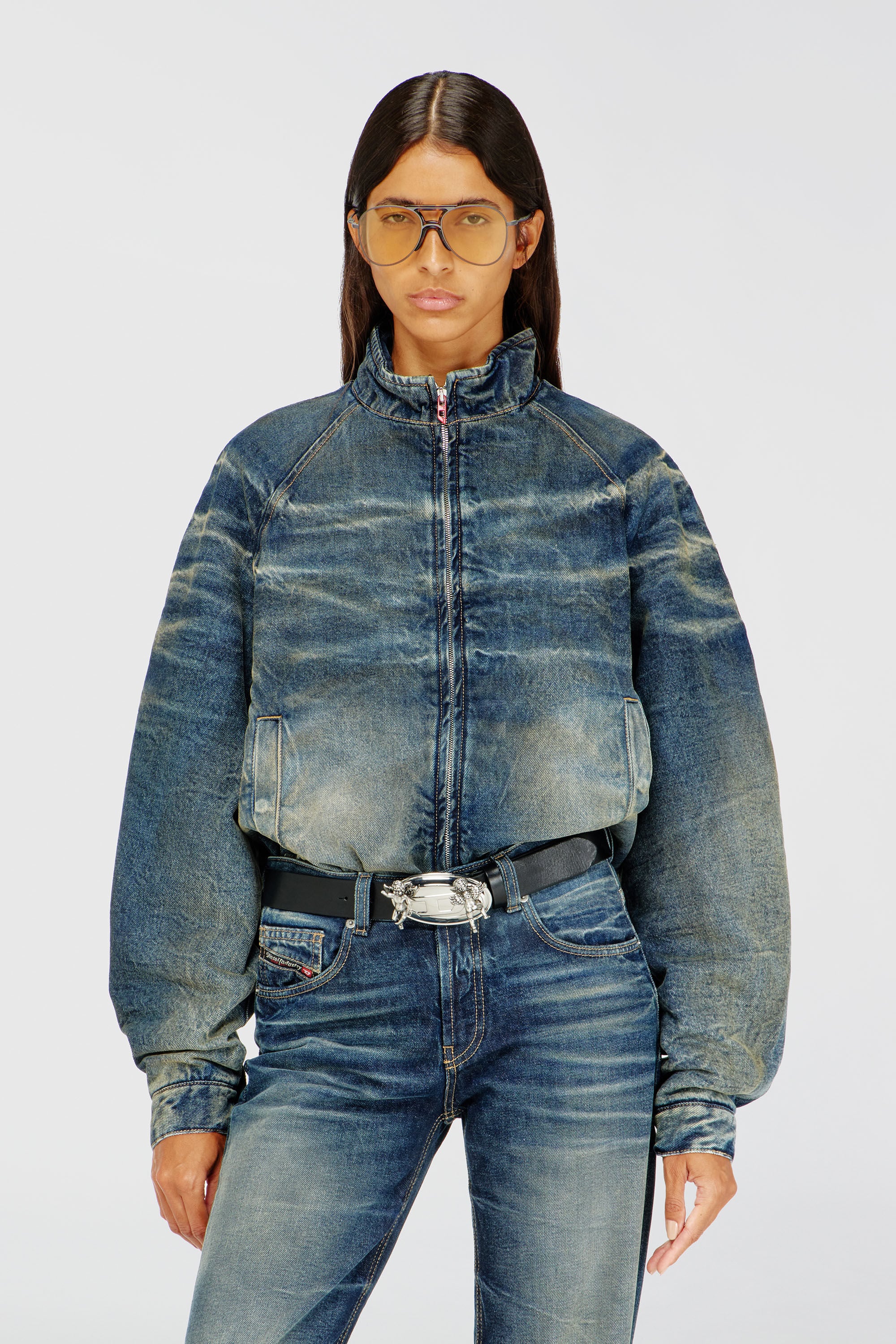Diesel - DE-BARUS-FSJ1, Female's Padded jacket in dirty-effect creased denim in Medium Blue - 3