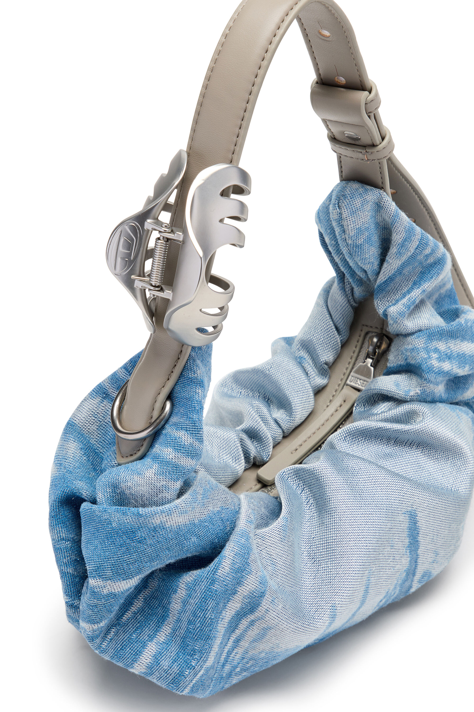 Women's Grab-D-Small scrunched hobo bag in satin denim | Blue | Diesel