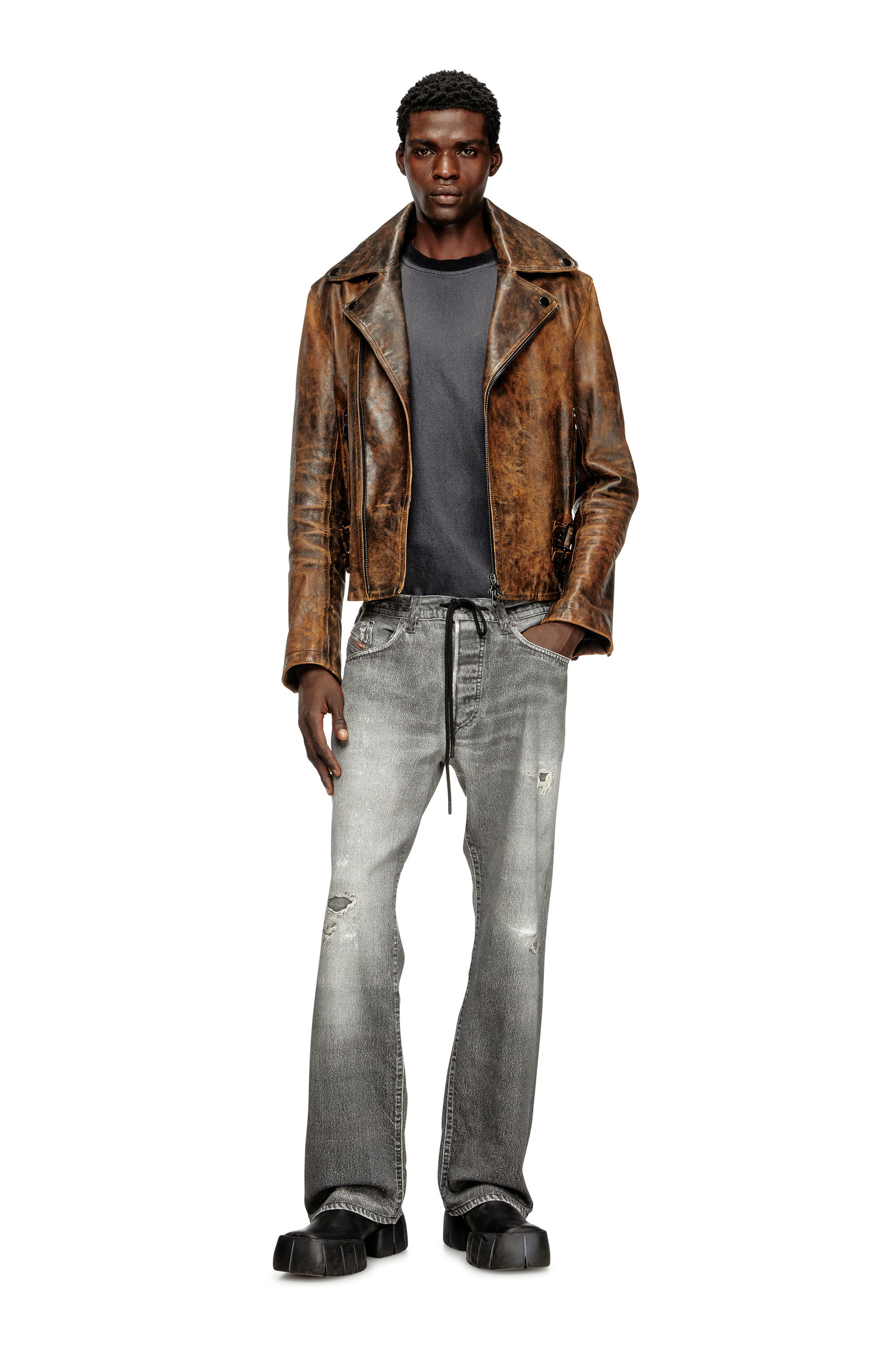Diesel - L-EON, Male's Biker jacket in treated leather in Brown - 1