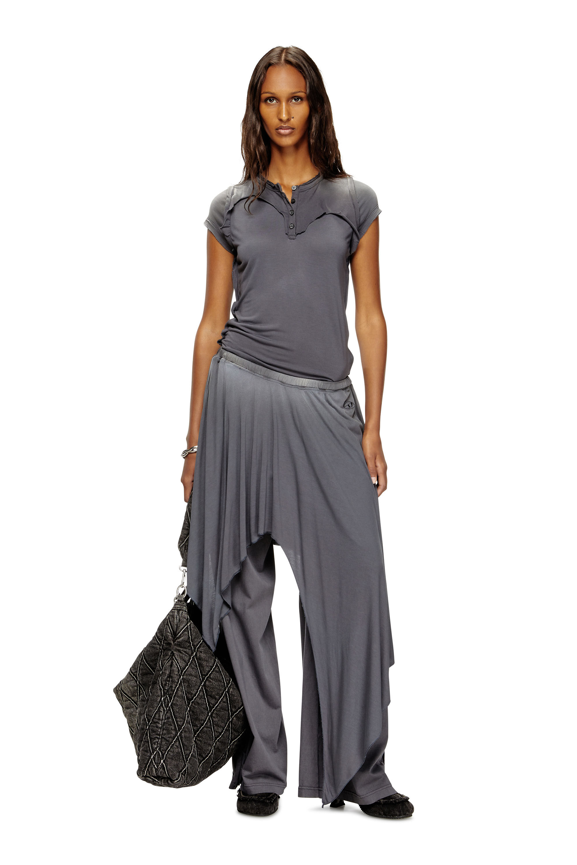 Diesel - T-UNRAWY, Female's Henley T-shirt with peel-off effect in Grey - 1
