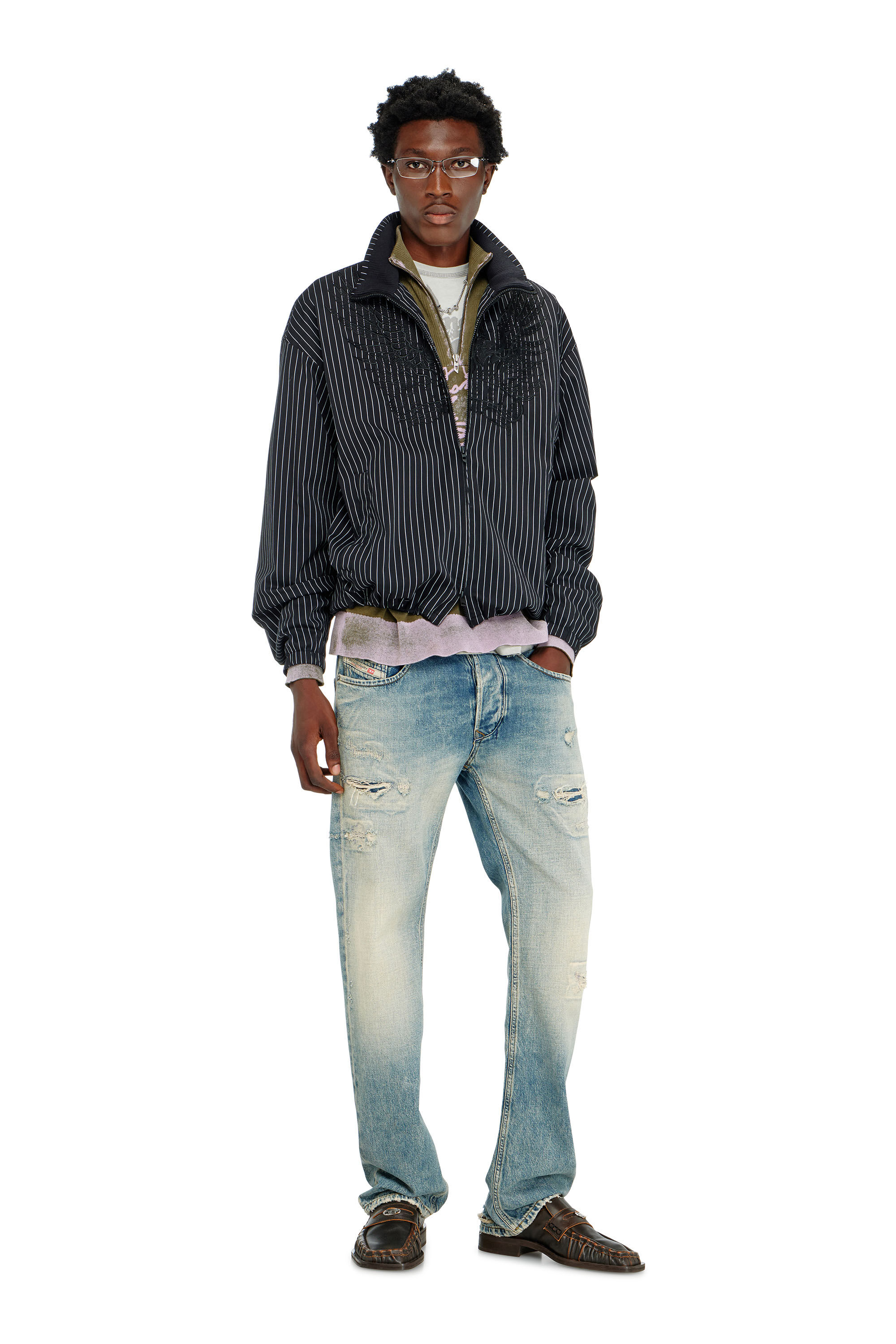 Diesel - J-CORSAR-NJCA, Veste en nylon &agrave; rayures avec broderie Phoenix Homme in Noir - 1