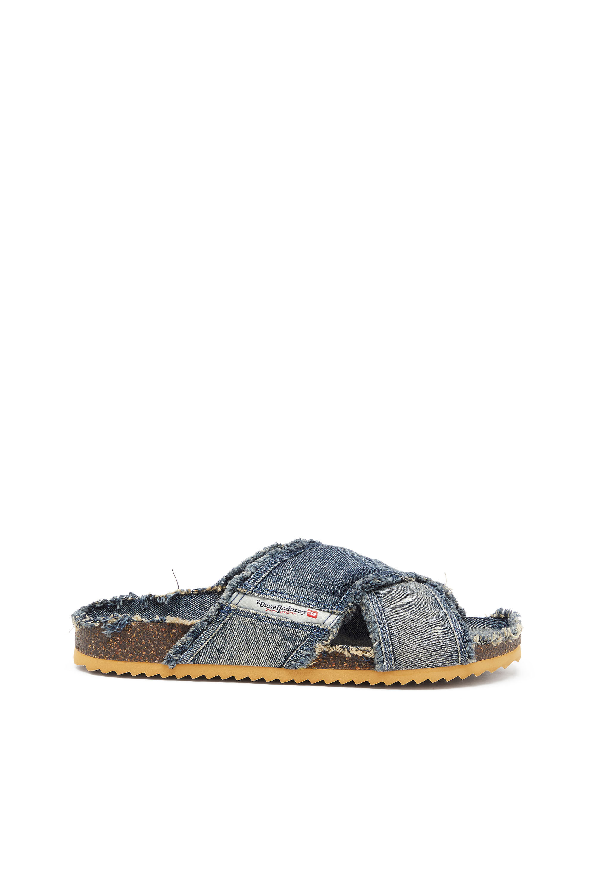 Men's D-Woodstock-Crossover slides in frayed denim | Blue | Diesel Men's D-Woodstock-Crossover slides in frayed denim | Blue | Diesel