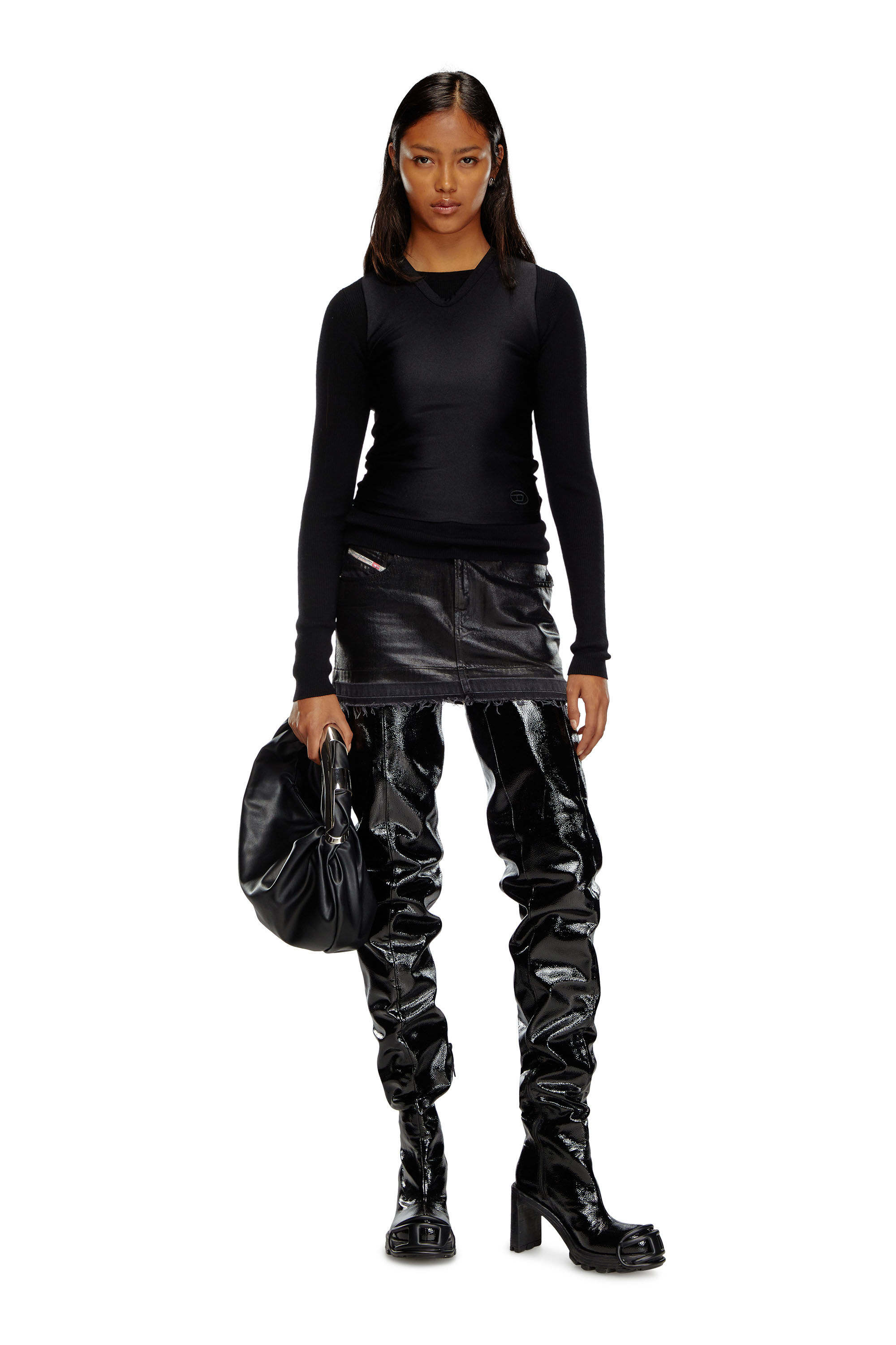 Diesel - M-ROSEL, Female's Wool-knit top with tank overlay in Black - 1