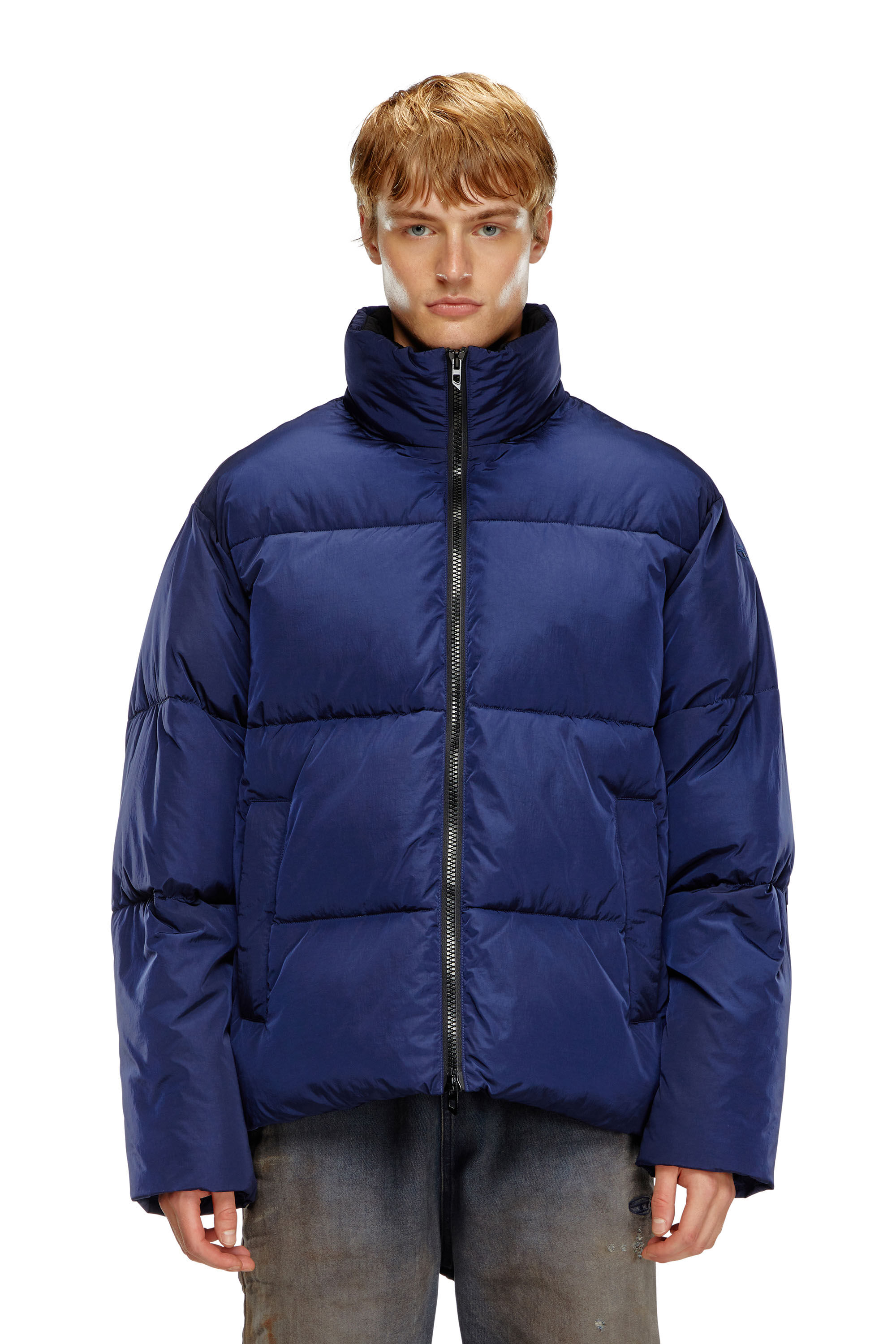 Men's Hooded down jacket in wrinkled nylon | Blue | Diesel