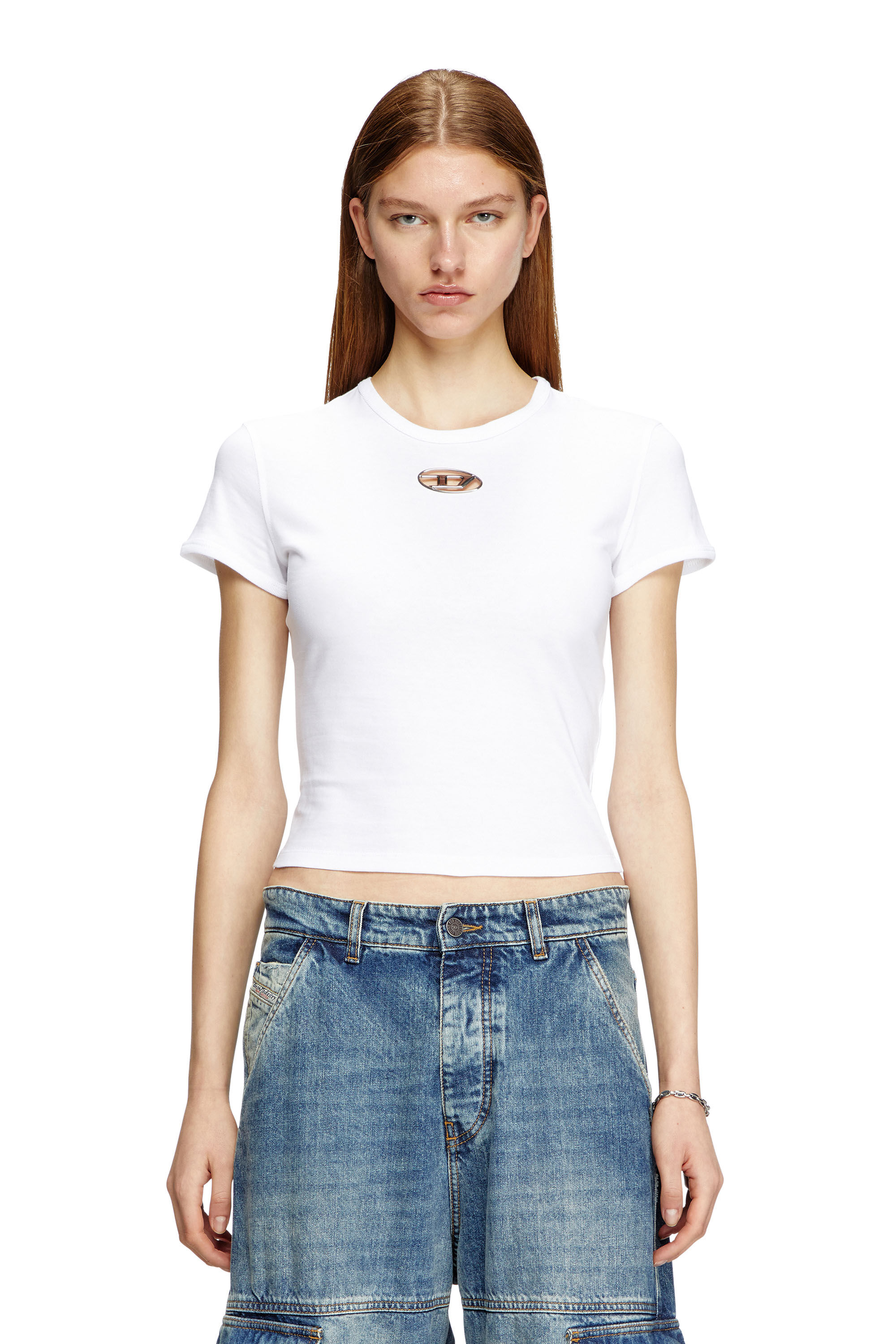 Women's Slim fit T-shirt with cut-out Oval D | White | Diesel