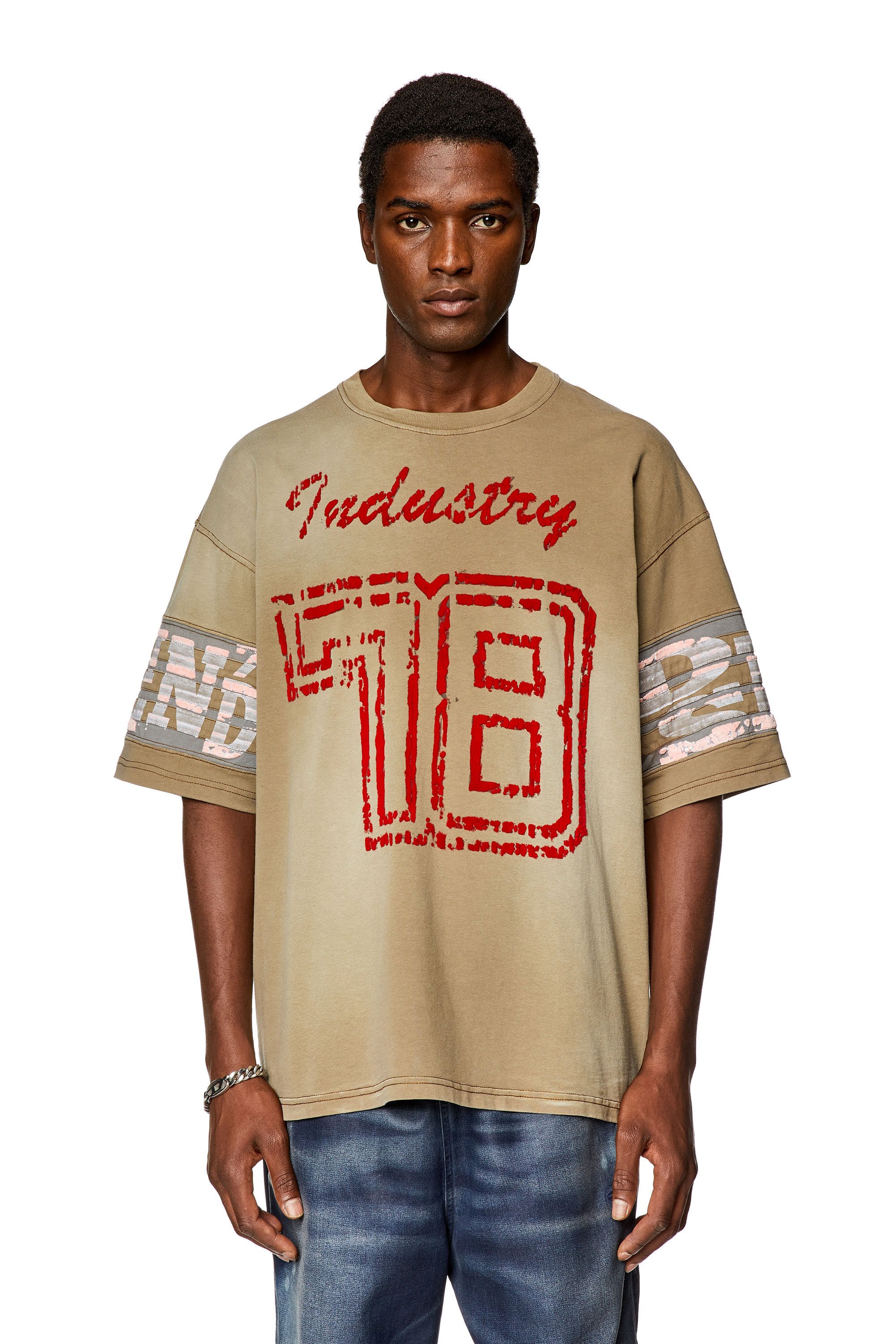 Diesel - T-BOST, Man's Faded jersey T-shirt with flock prints in Light Brown - 3