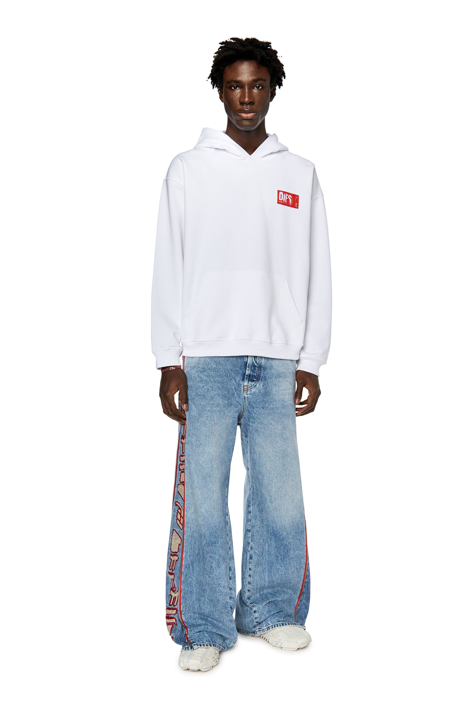 Diesel - S-NLABEL-HOOD, Sweat-shirt à capuche avec empiècement à logo effiloché Homme in Blanc - 1