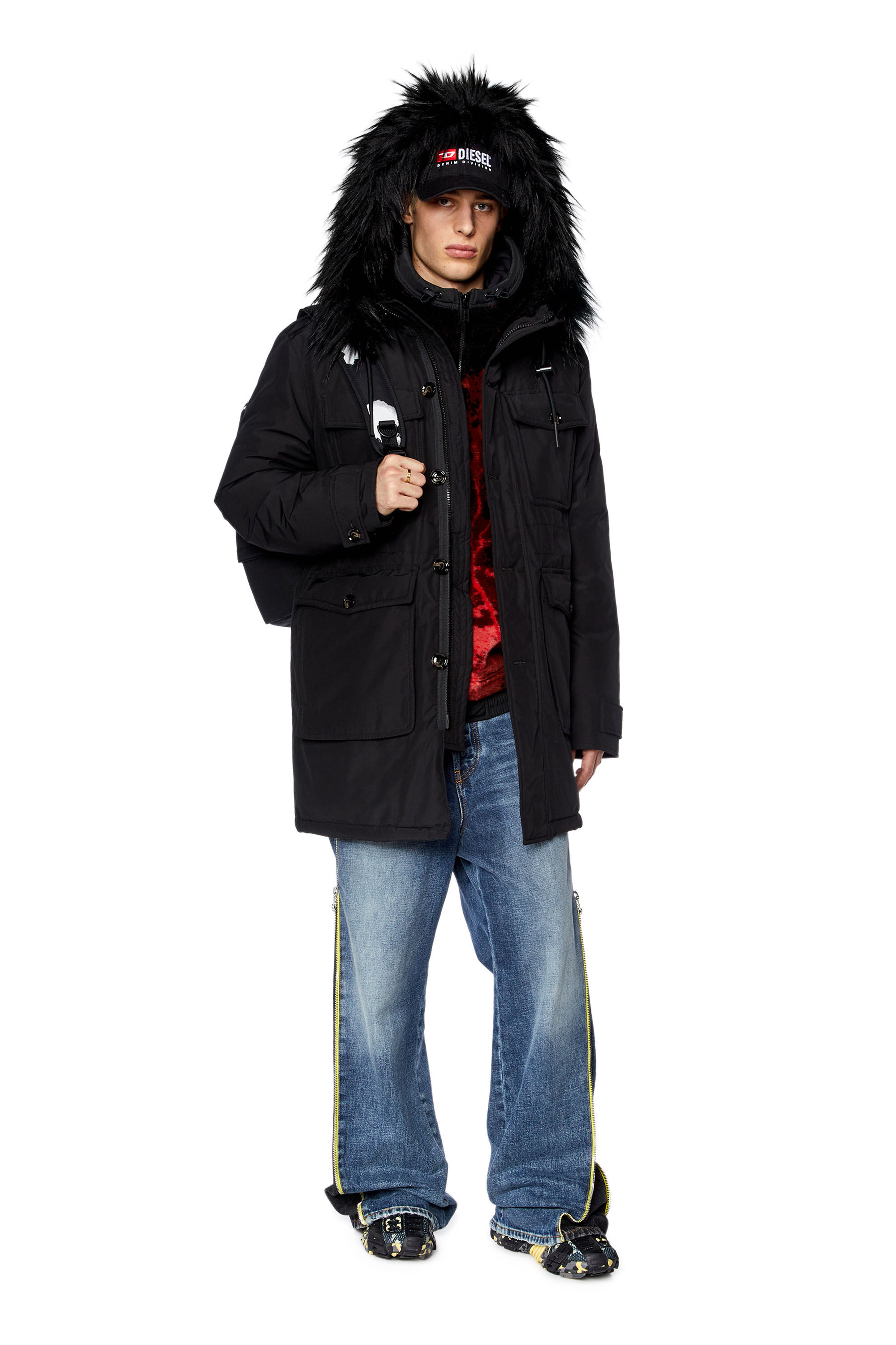 Diesel - W-JORGY, Male's Padded parka with fluffy trim at hood in Black - 1
