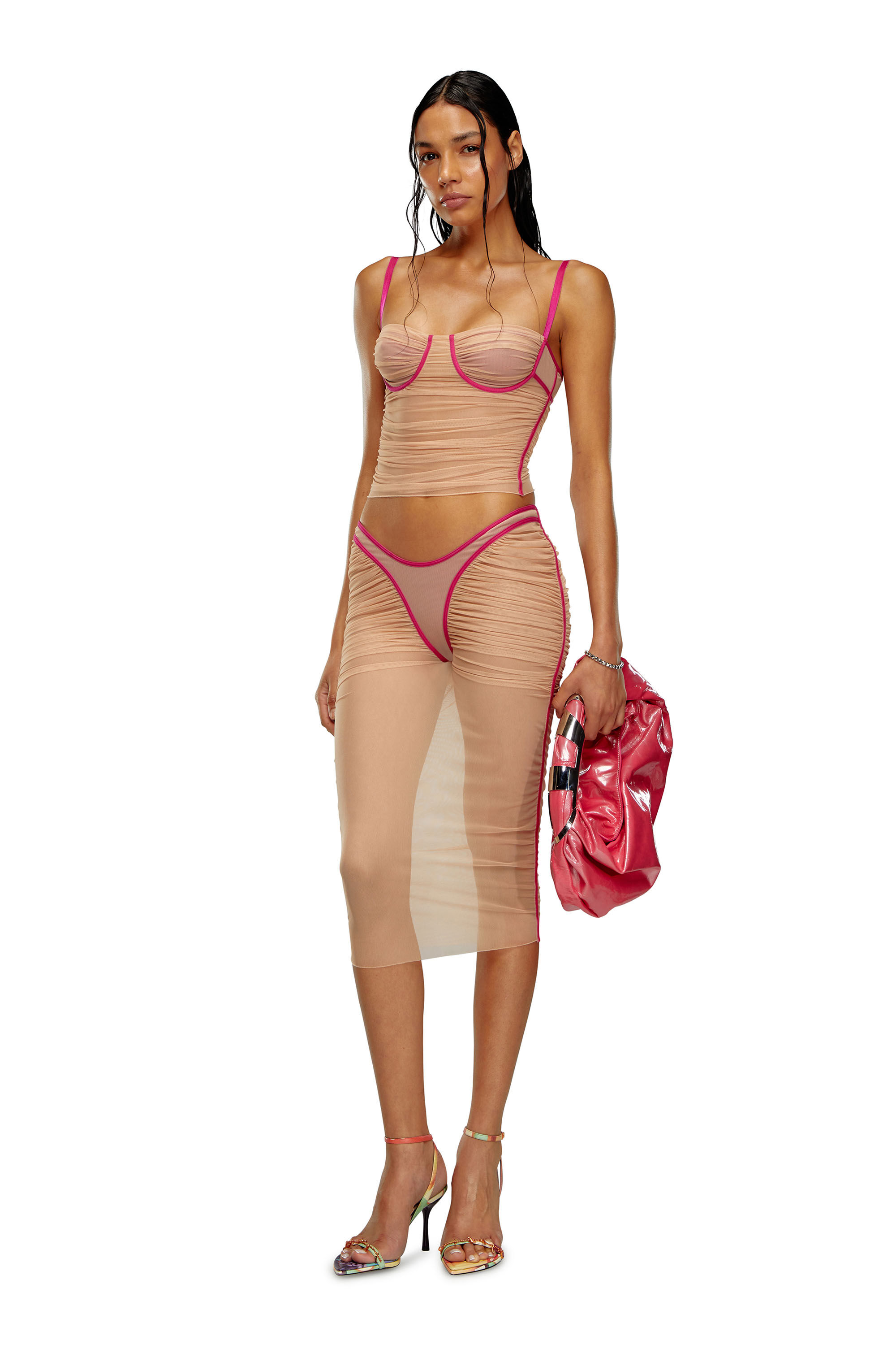 Diesel - O-LYLA, Female's Sheer midi skirt in ruched tulle in Pink - 1
