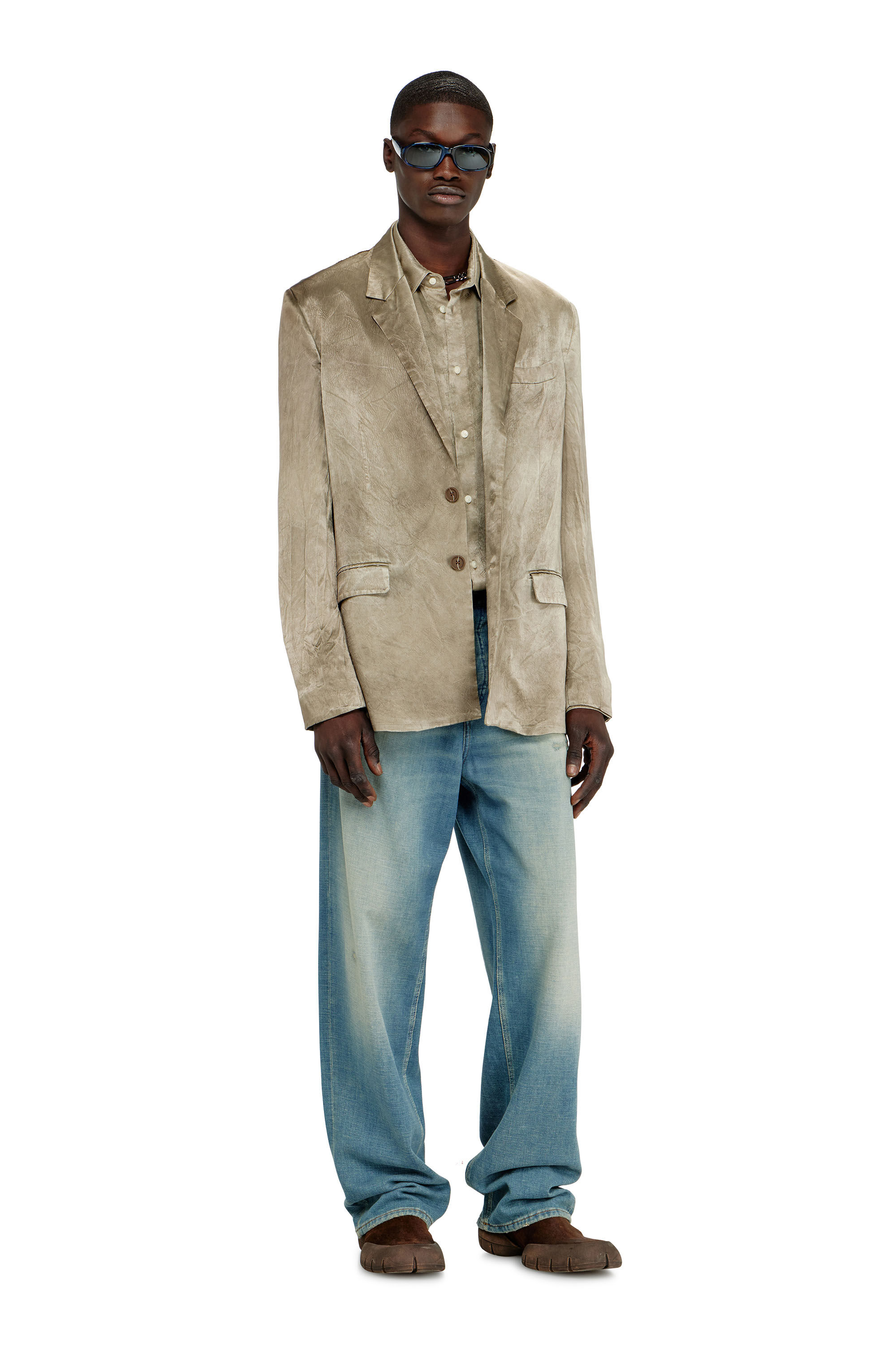 Diesel - J-ANDRE, Man's Blazer in wrinkled satin in Light Brown - 1