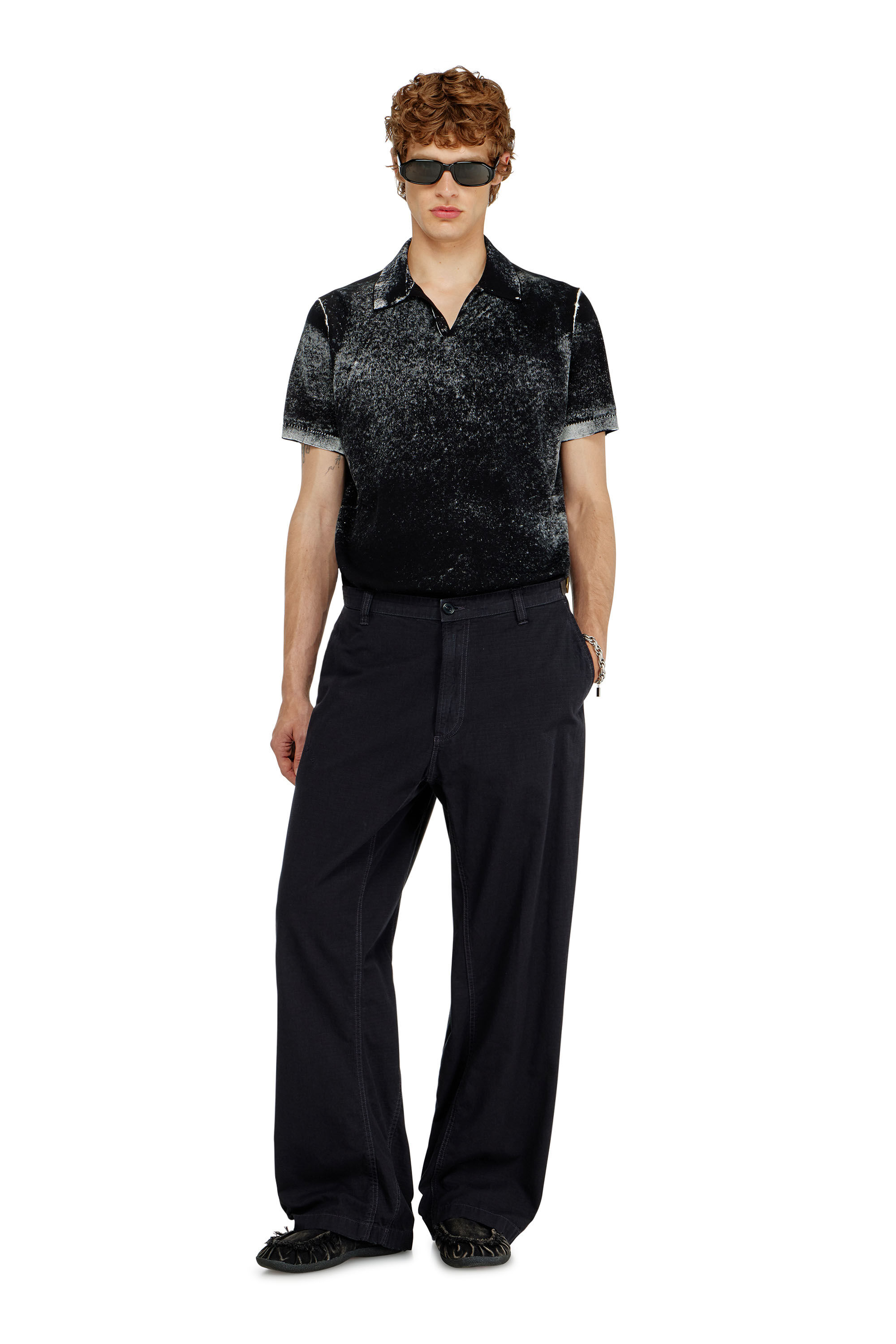 Men's Knit polo shirt with faded reverse print | Black | Diesel