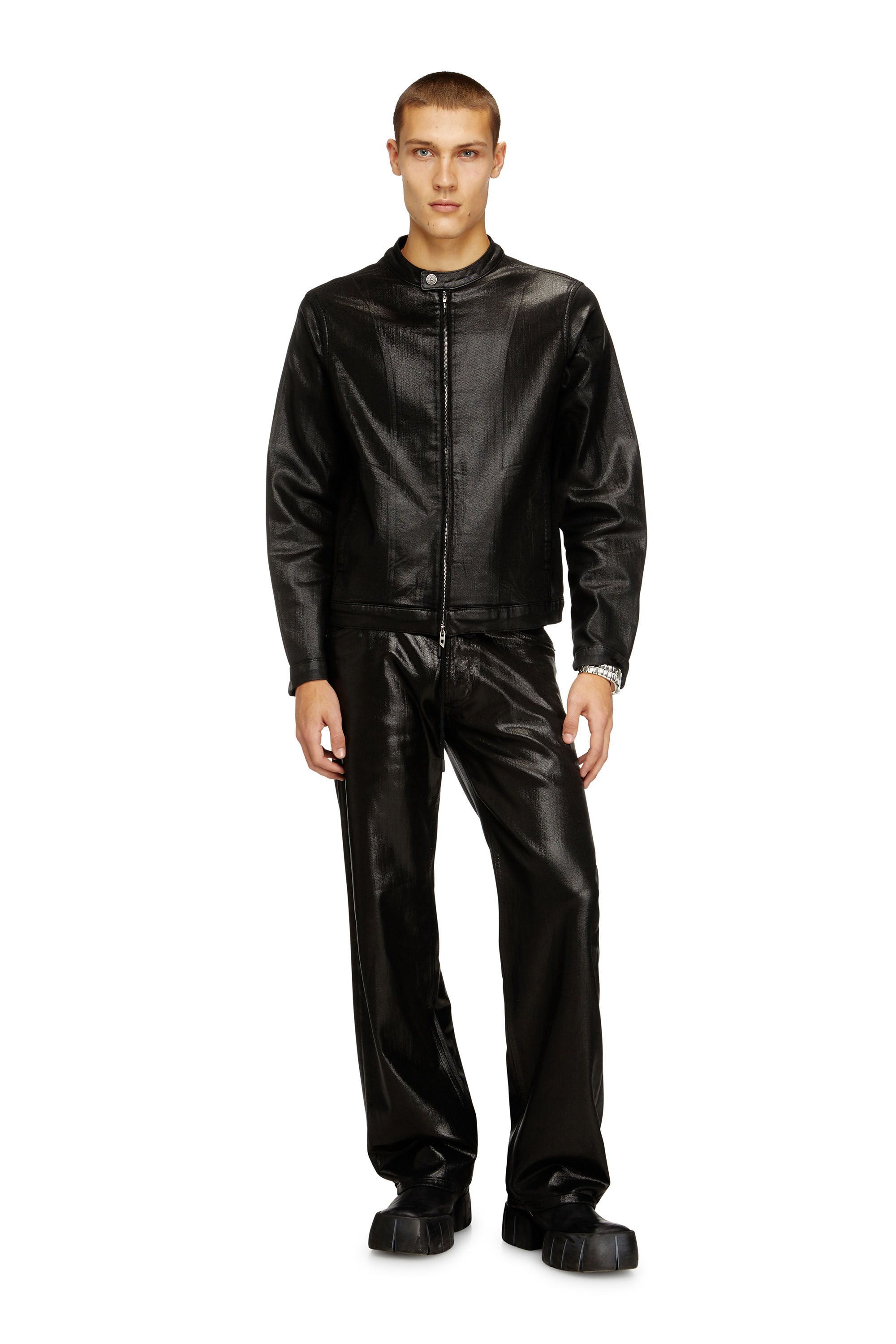 DIESELスカジャン黒 Men's Moto jacket in shiny coated JoggJeans | Black | Diesel