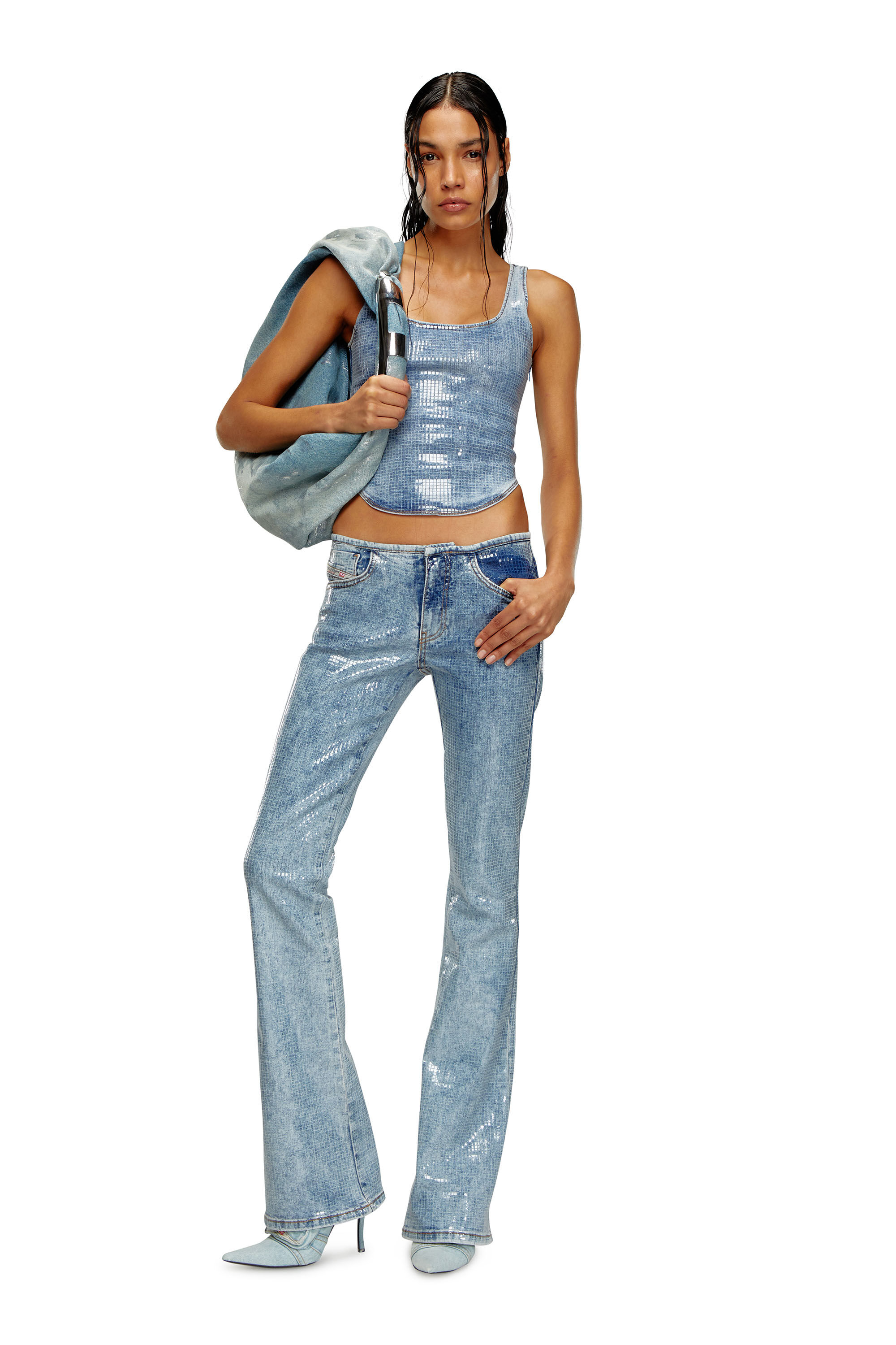 Diesel - DE-SHI-S, Débardeur en denim orné de sequins Femme in Bleu - 1
