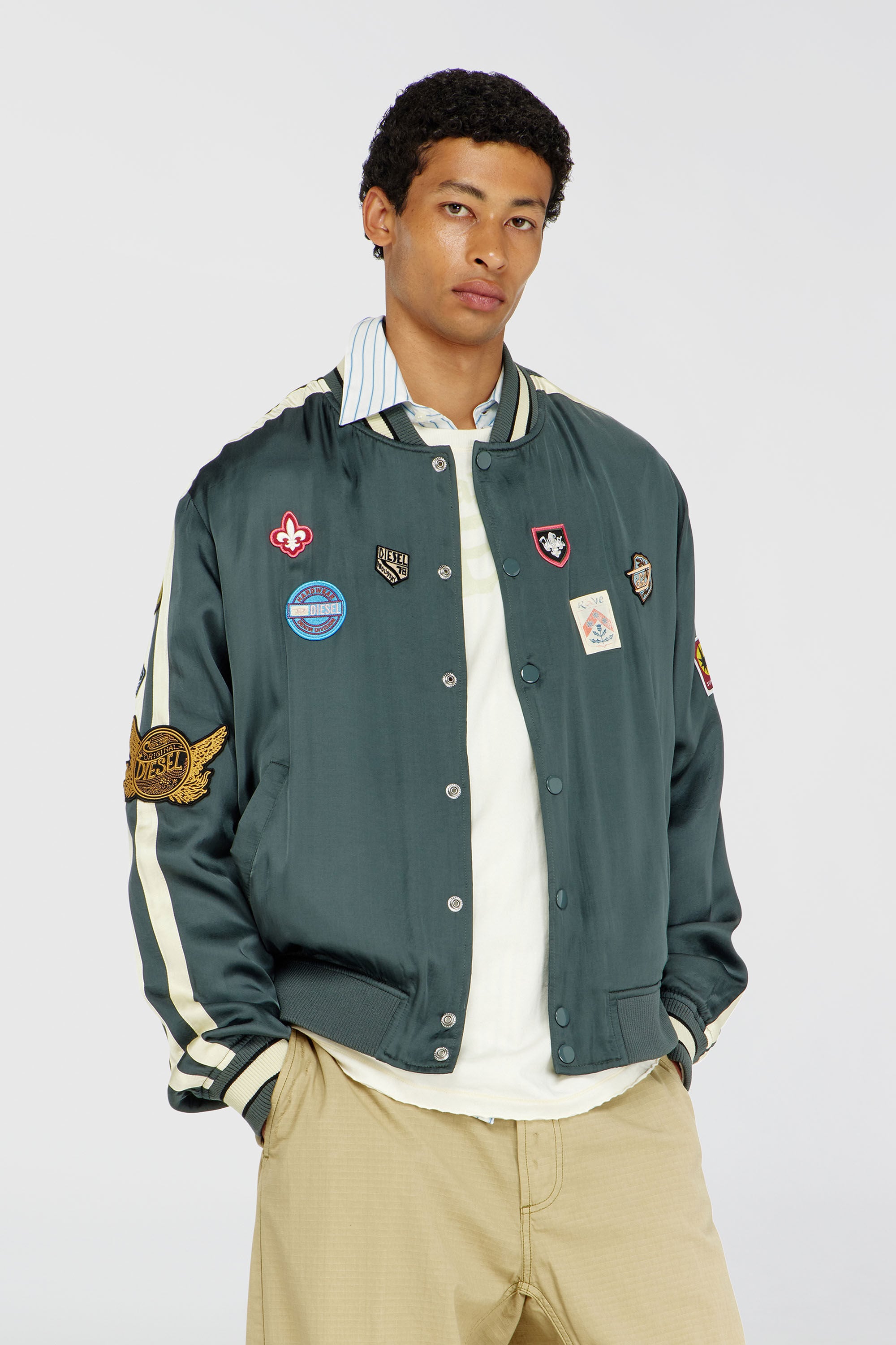 Men's Satin bomber jacket with patches | Green | Diesel US