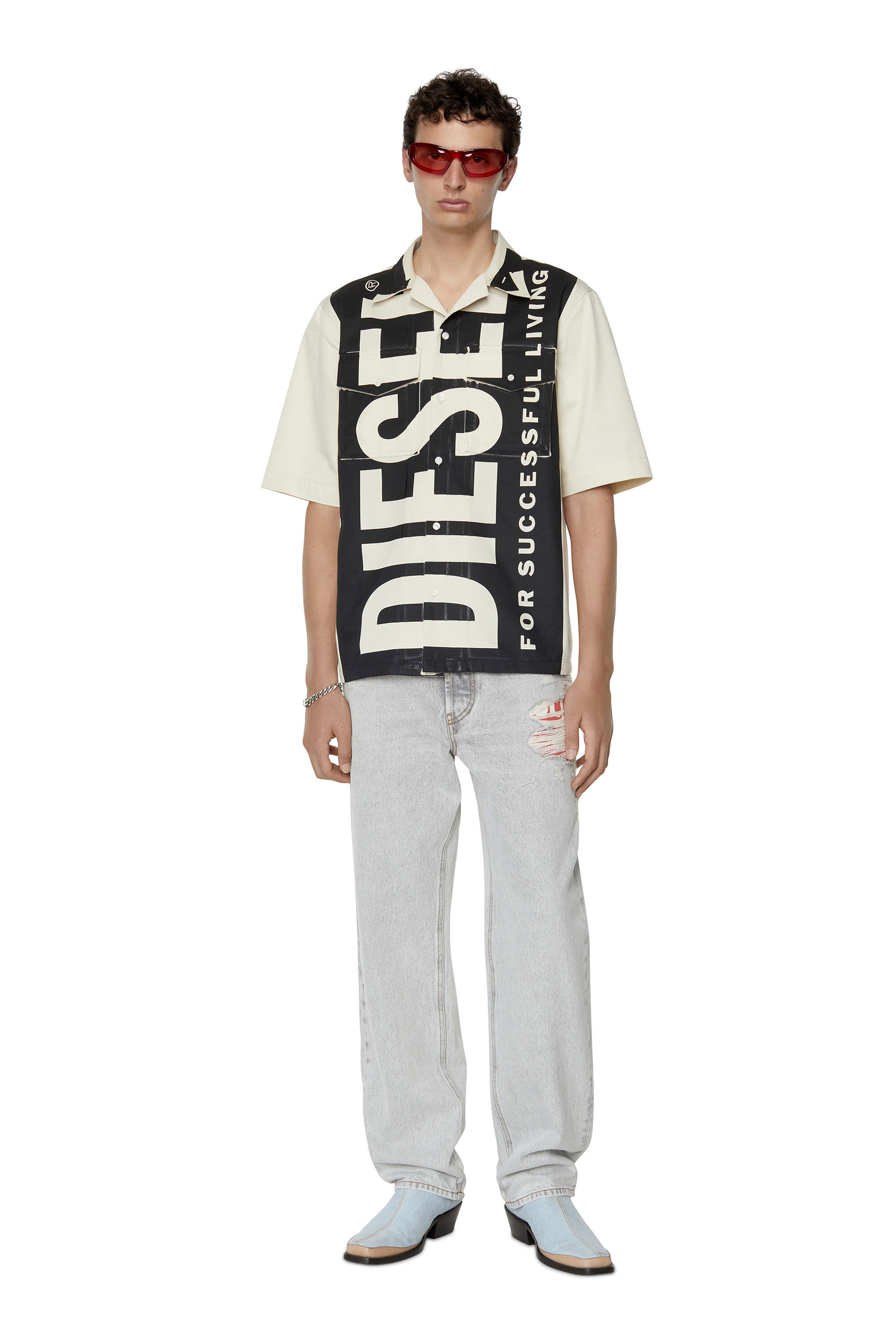 Diesel - S-MAC-22, Male's Bowling shirt with maxi logo print in Black/White - 1