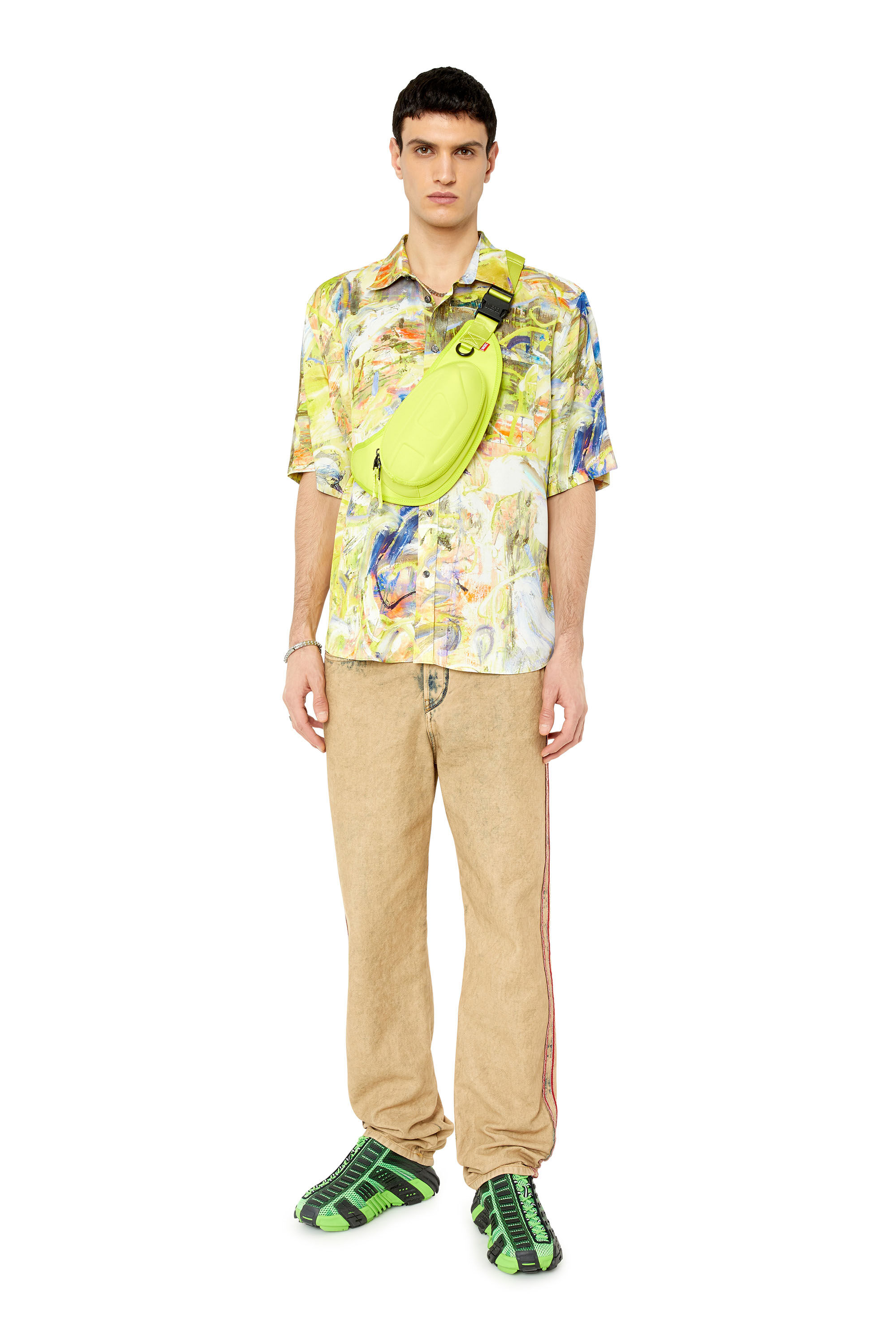 Diesel - S-UMBE-SSL-PRINT, Male's Short sleeve shirt in printed twill in Green/Yellow - 1