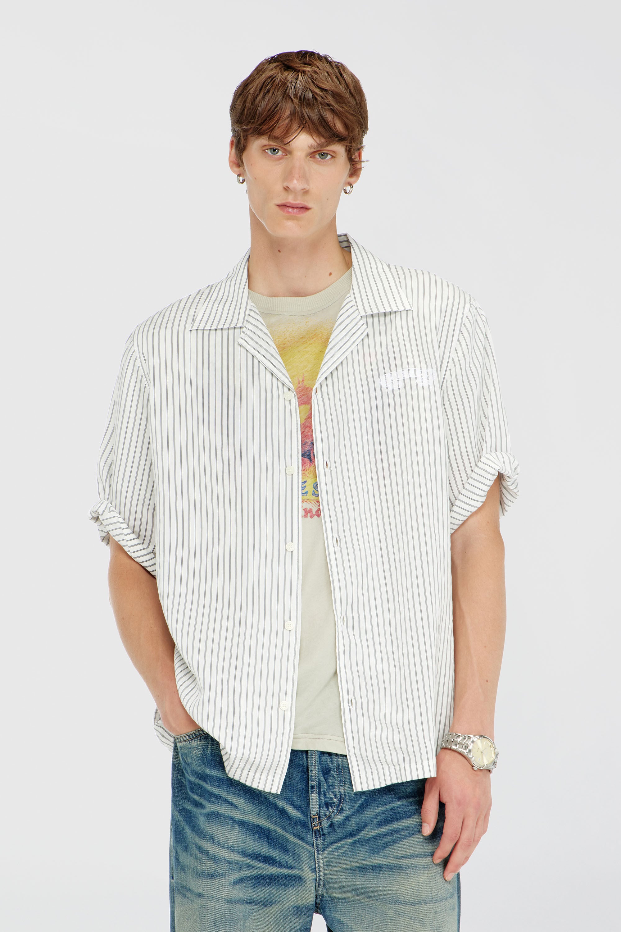 Diesel - S-MAC-EFBV, Male's Half-sleeve shirt in pinstripe modal in White/Grey - 3