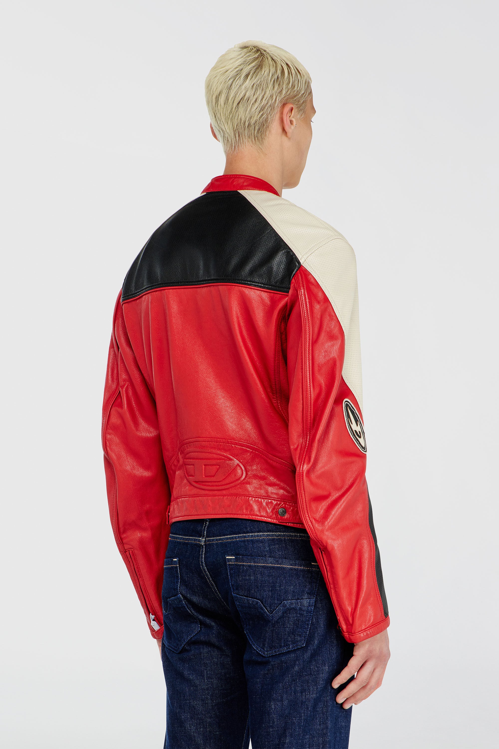 Diesel - L-AHTI, Man's Biker jacket in colour-block perforated leather in Beige/Red - 5
