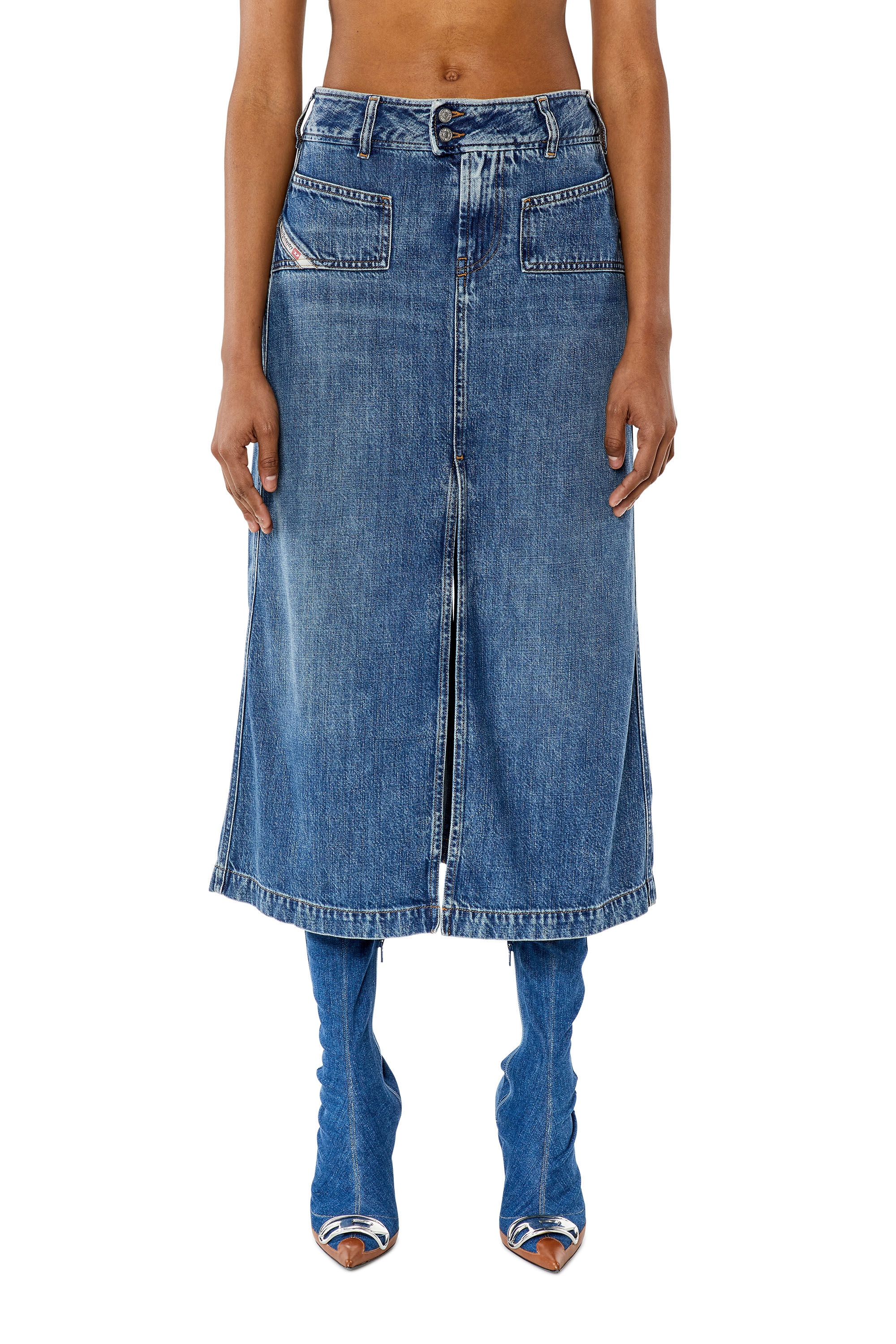 Diesel - DE-YINKA, Female's Denim midi skirt with slit in Medium Blue - 3