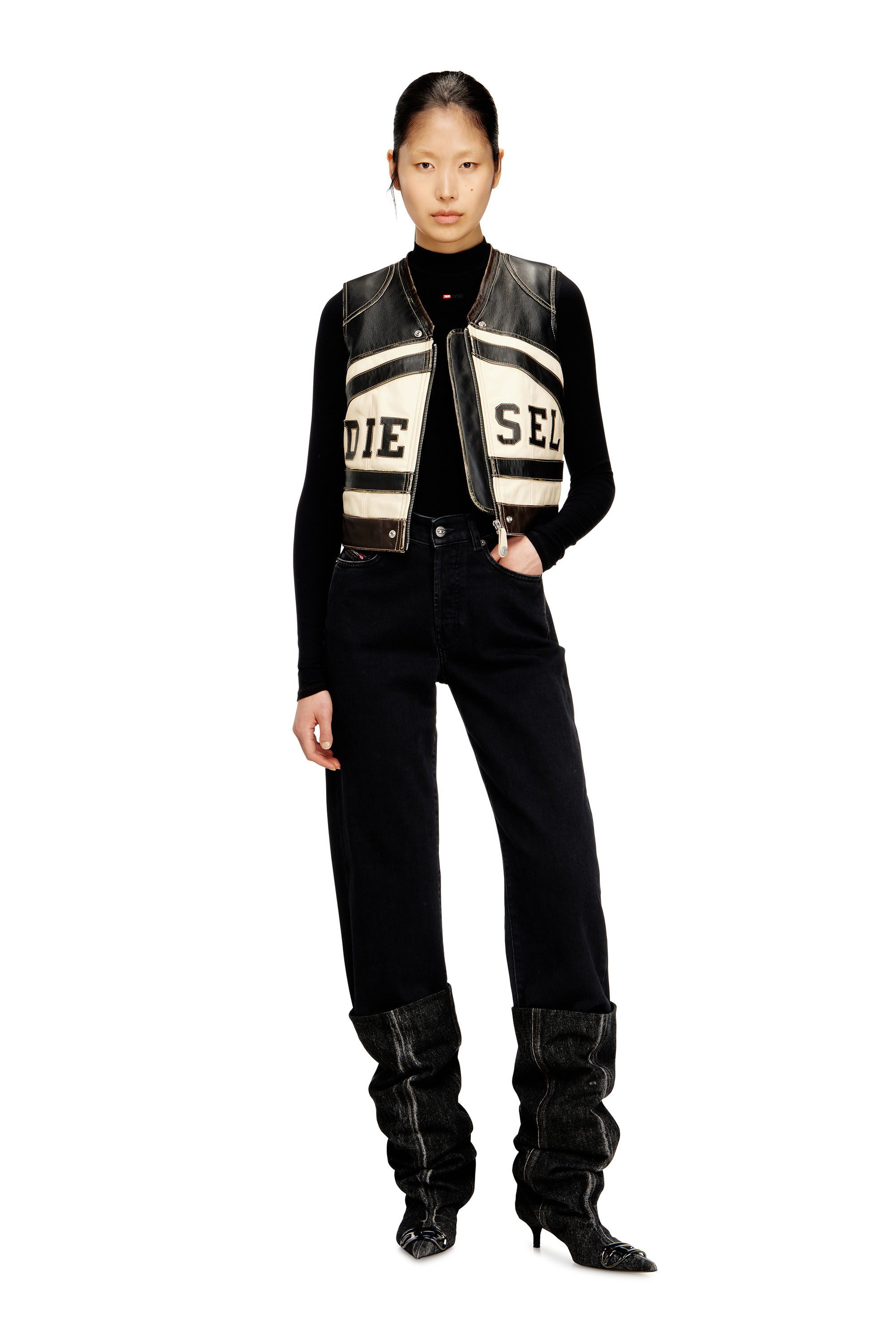 Women's Leather vest with front logo and contrast stripes Women's Leather vest with front logo and contrast stripes