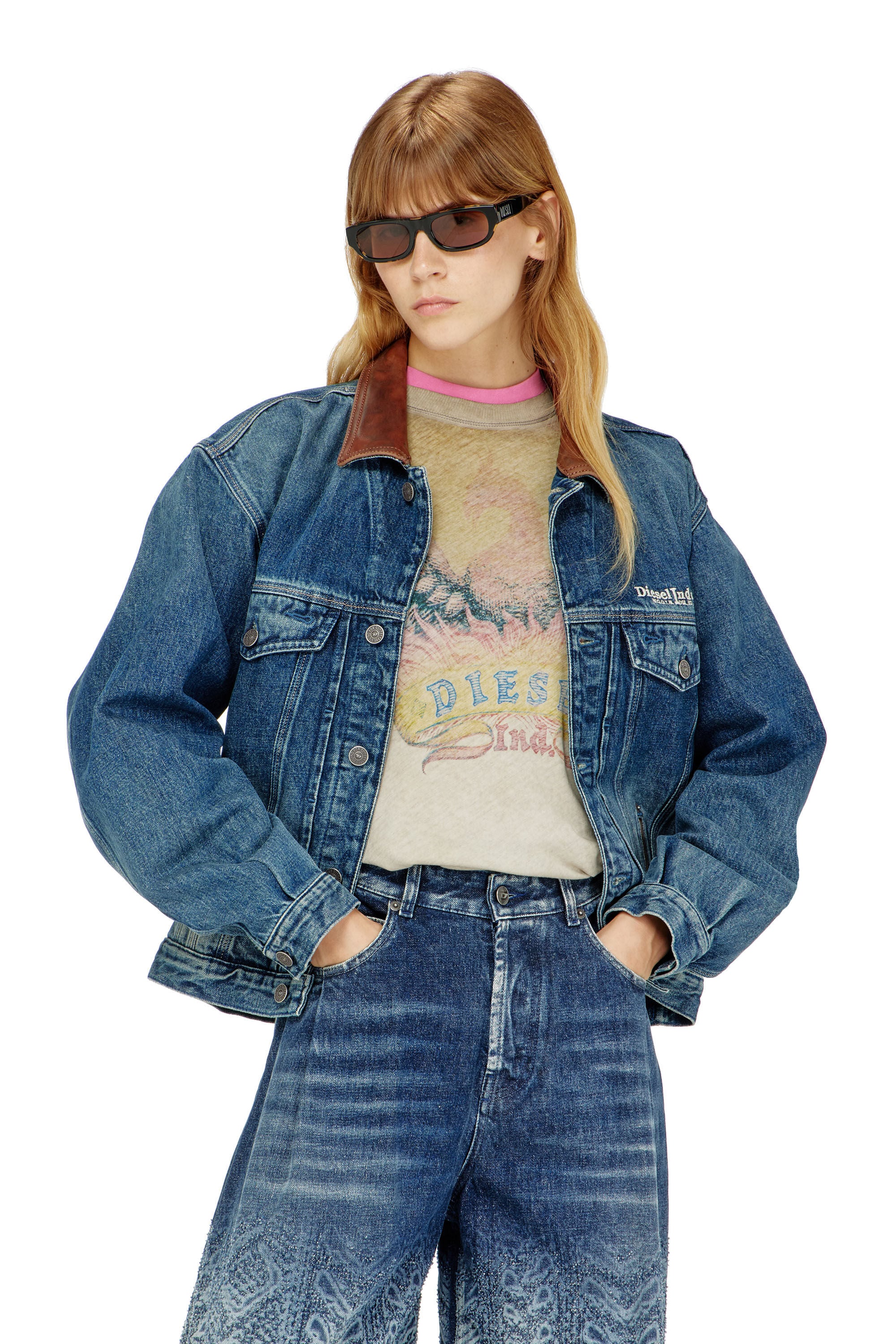 Diesel - D-DENVER-S1, Unisex's Denim trucker jacket with contrast leather trims in Blue - 6