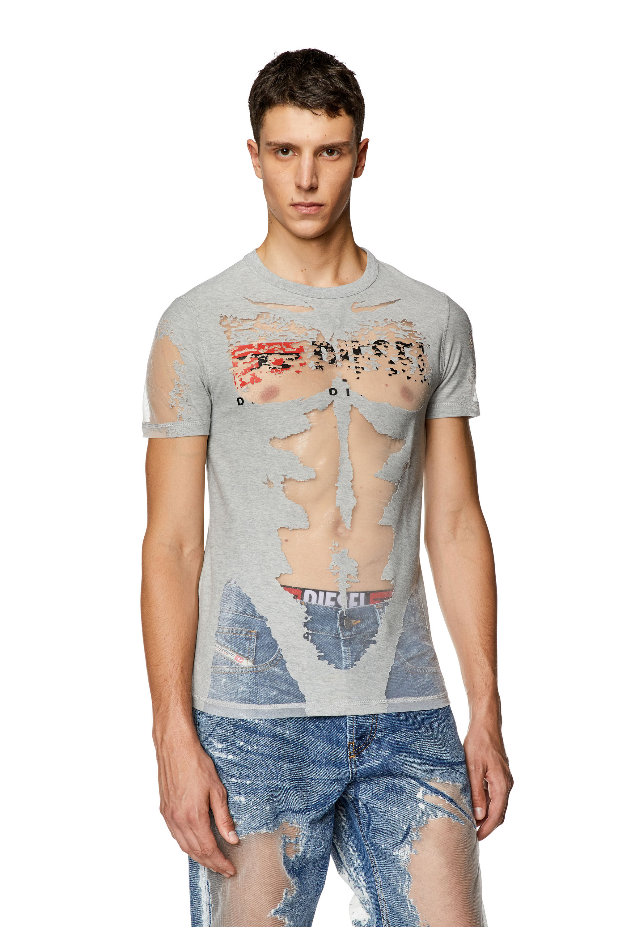 Diesel - T-ERME, Male's Burnout T-shirt with sheer panels in Grey - 3