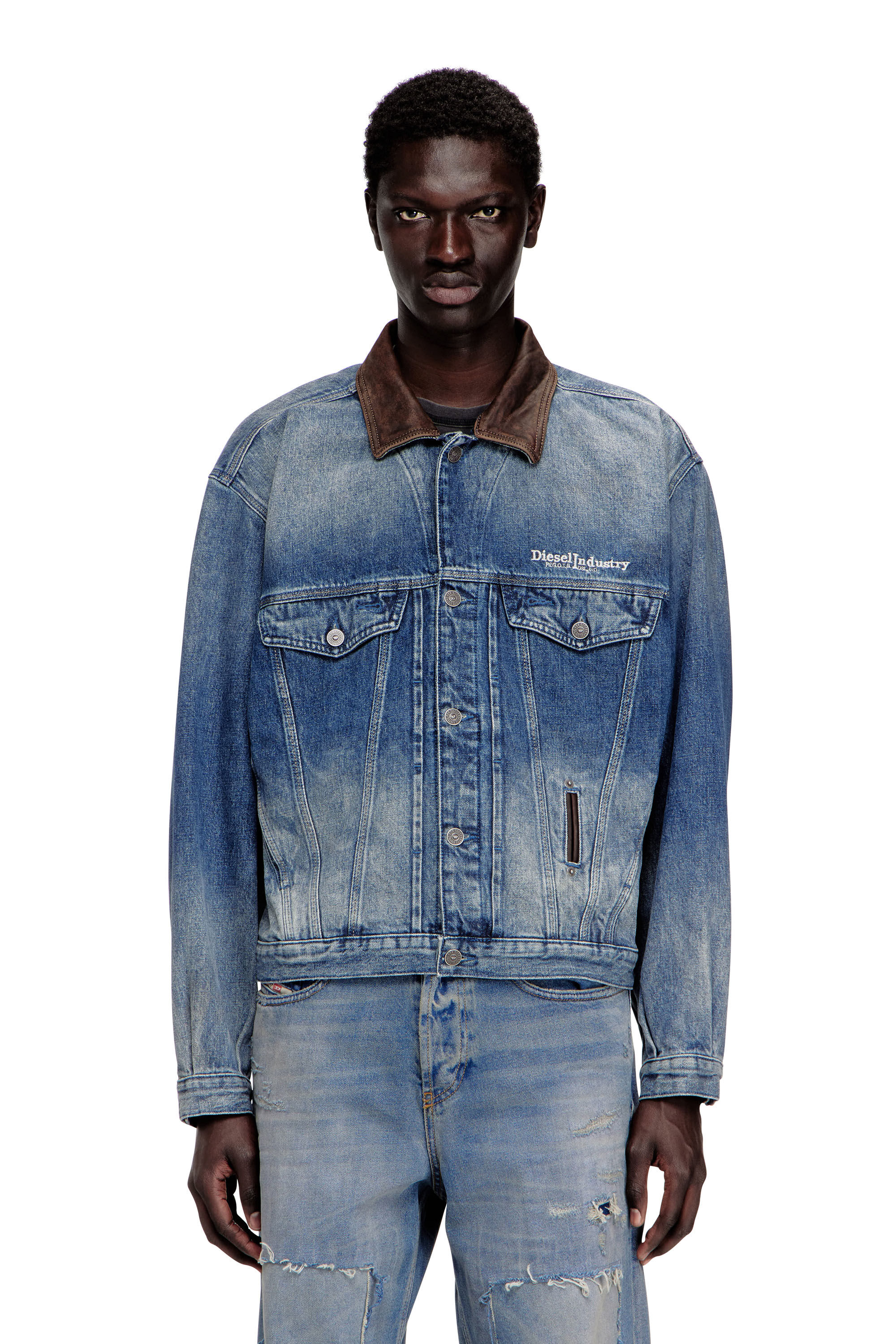 Women's Denim trucker jacket with contrast leather trims | Blue