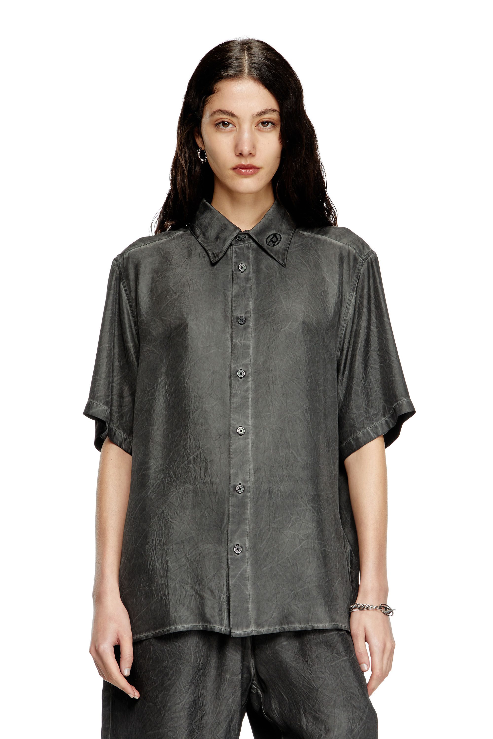 ◆DIESEL◆ M.Aline Short Sleeve T-Shirt Black A175010DCCH9XX Women's Crinkled short-sleeve shirt with logo collar | Black