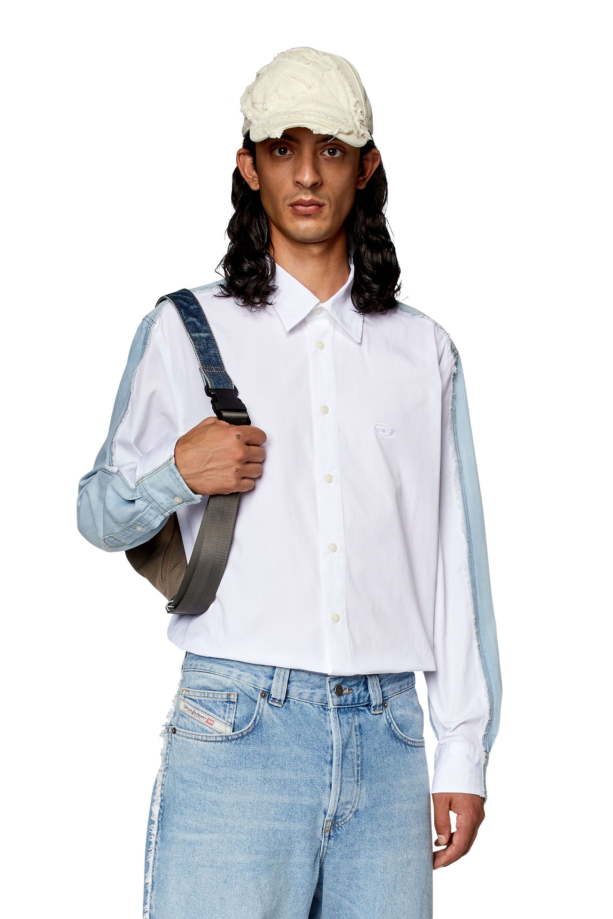 DIESEL / 長袖シャツ/S/コットン/WHT/無地/D-FLOX Men's Shirt in poplin and raw-edge denim | White | Diesel