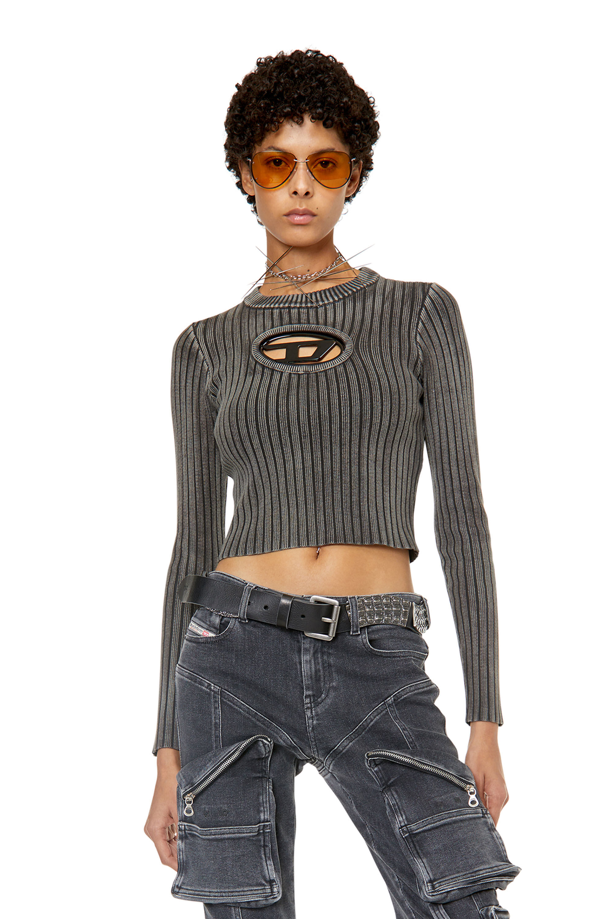 Diesel - M-ARJORY, Female's Ribbed top with oval D plaque in Grey - 3