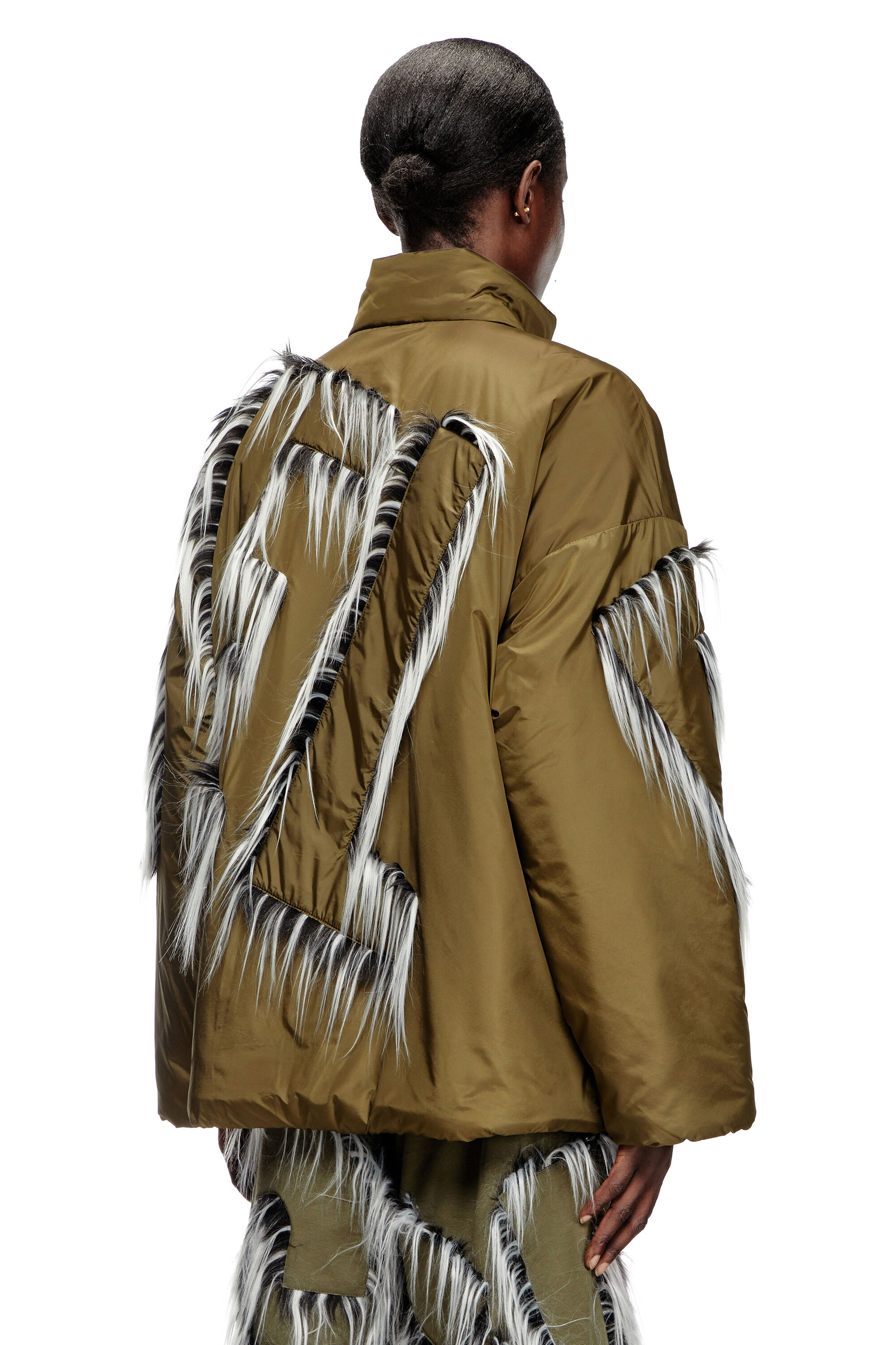 Women's Padded nylon jacket with fuzzy-trim logo | Green | Diesel