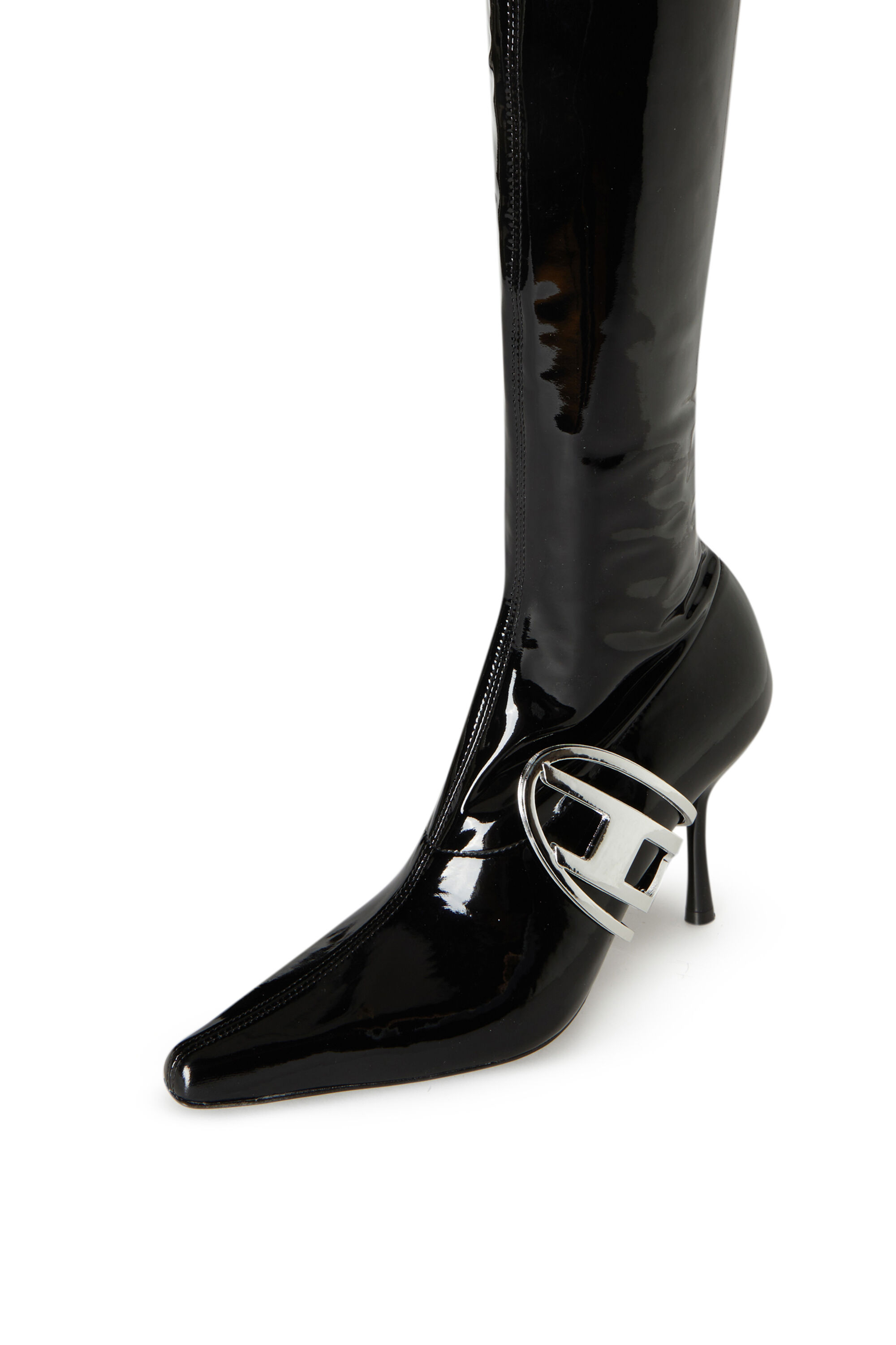 Diesel - D-ECLIPSE TBT, Female's D-Eclipse TBT - Patent thigh-high boots with oval plaque in Black - 4