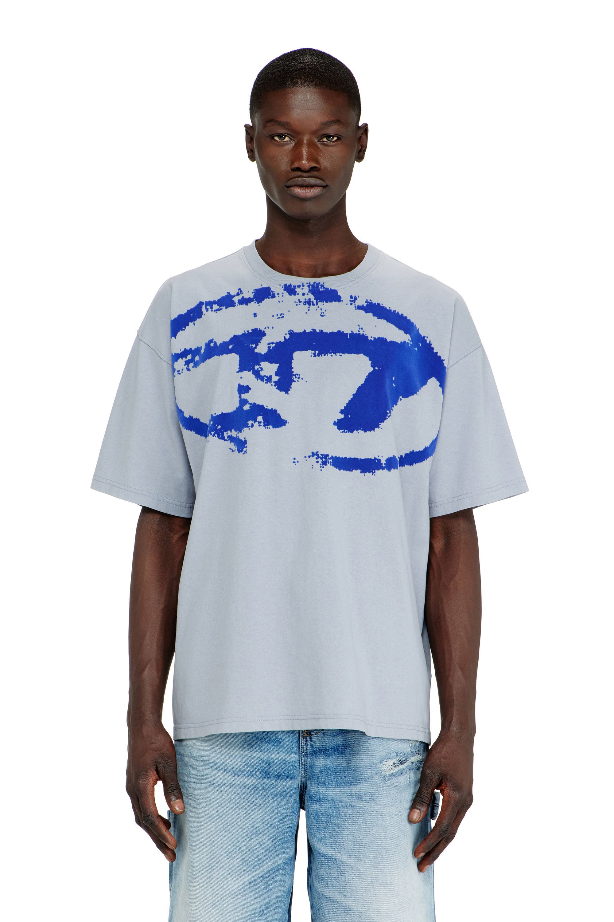 Men's T-shirt with distressed flocked logo | Blue | Diesel US