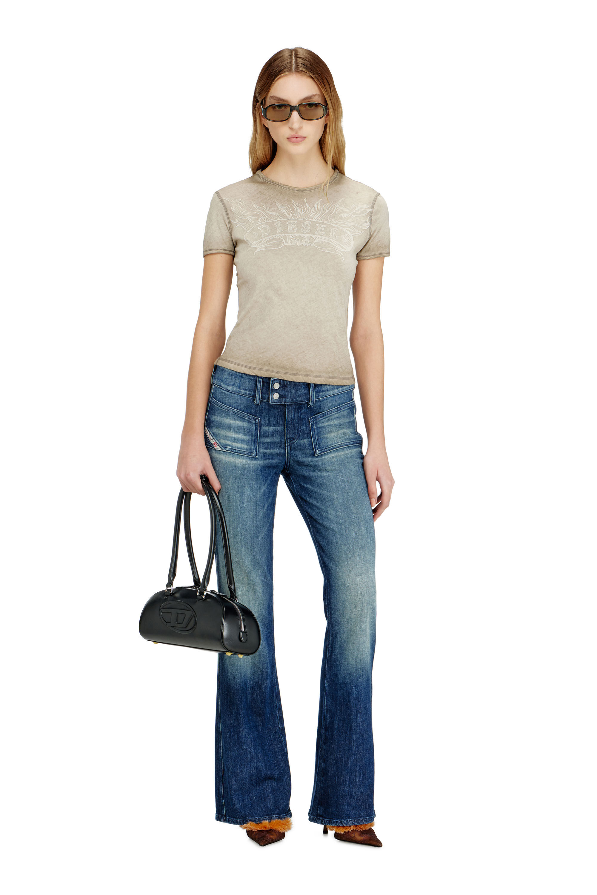Diesel - T-UNCUTIES-LONG-AA2, Woman's Slim T-shirt with tonal logo print in Beige - 1