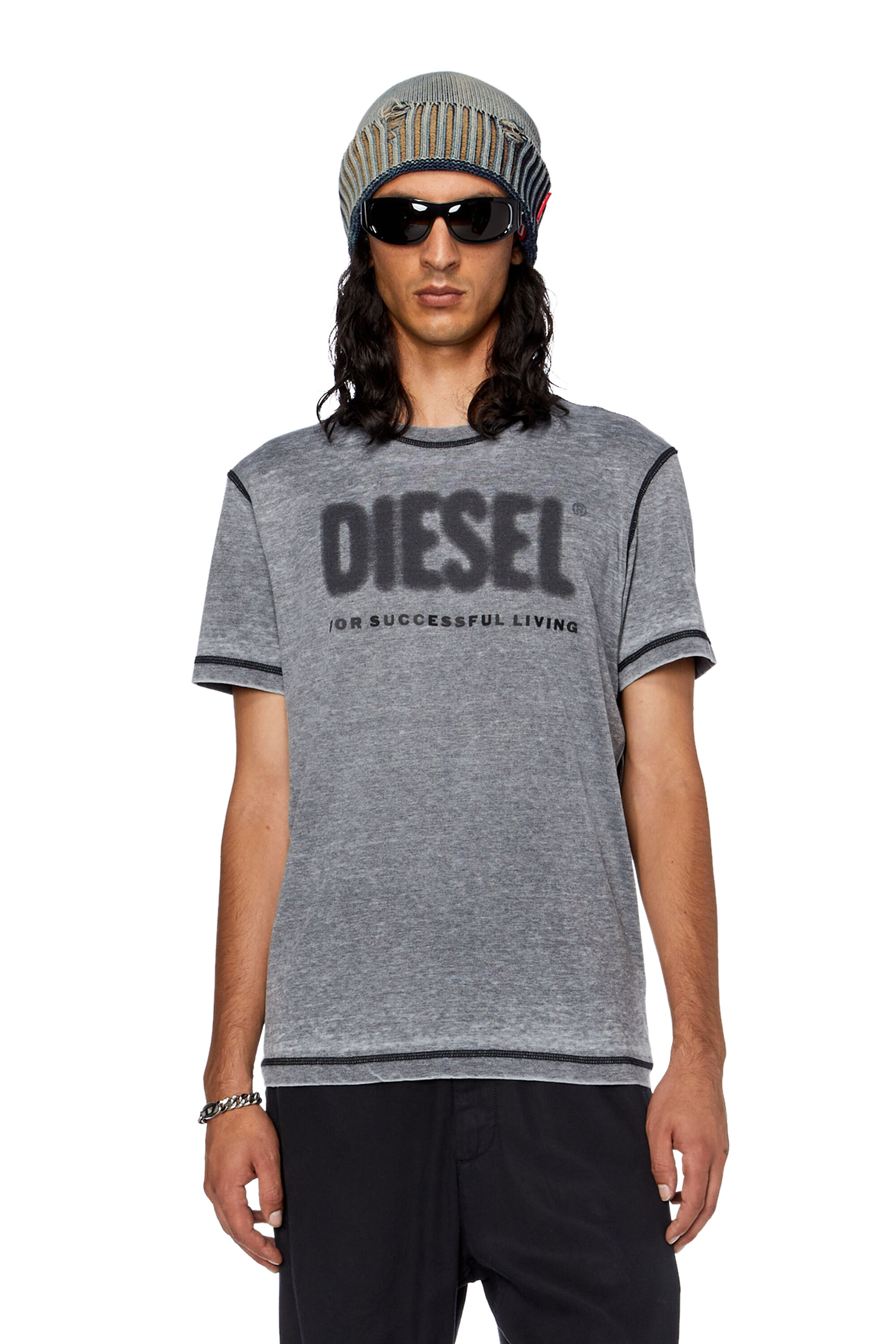 Diesel - T-DIEGOR-L1, Man's T-shirt with burn-out logo in Dark grey - 3