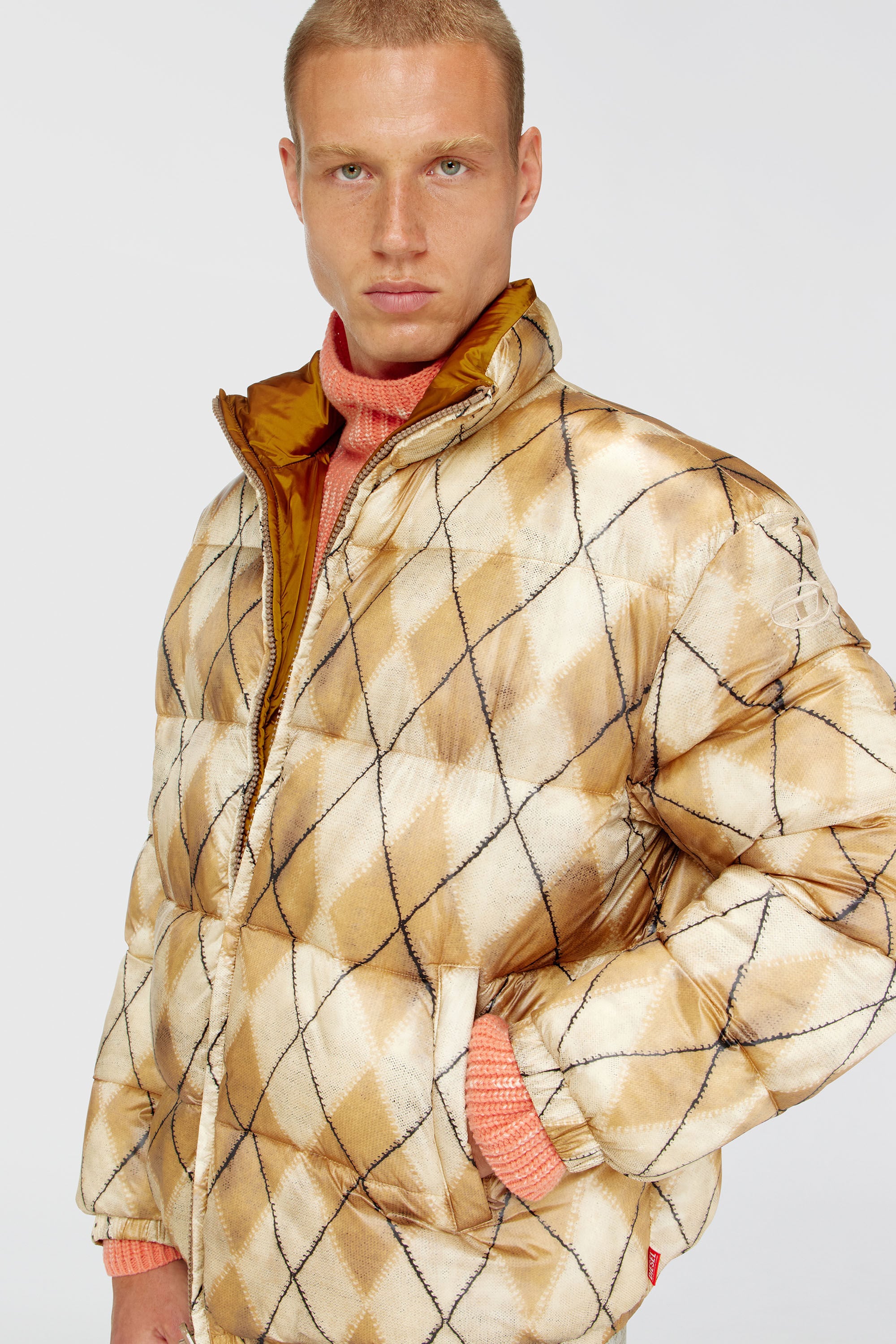 Diesel - W-BOURB-DLCK, Male's Reversible puffer jacket with argyle print in Beige/Brown - 4