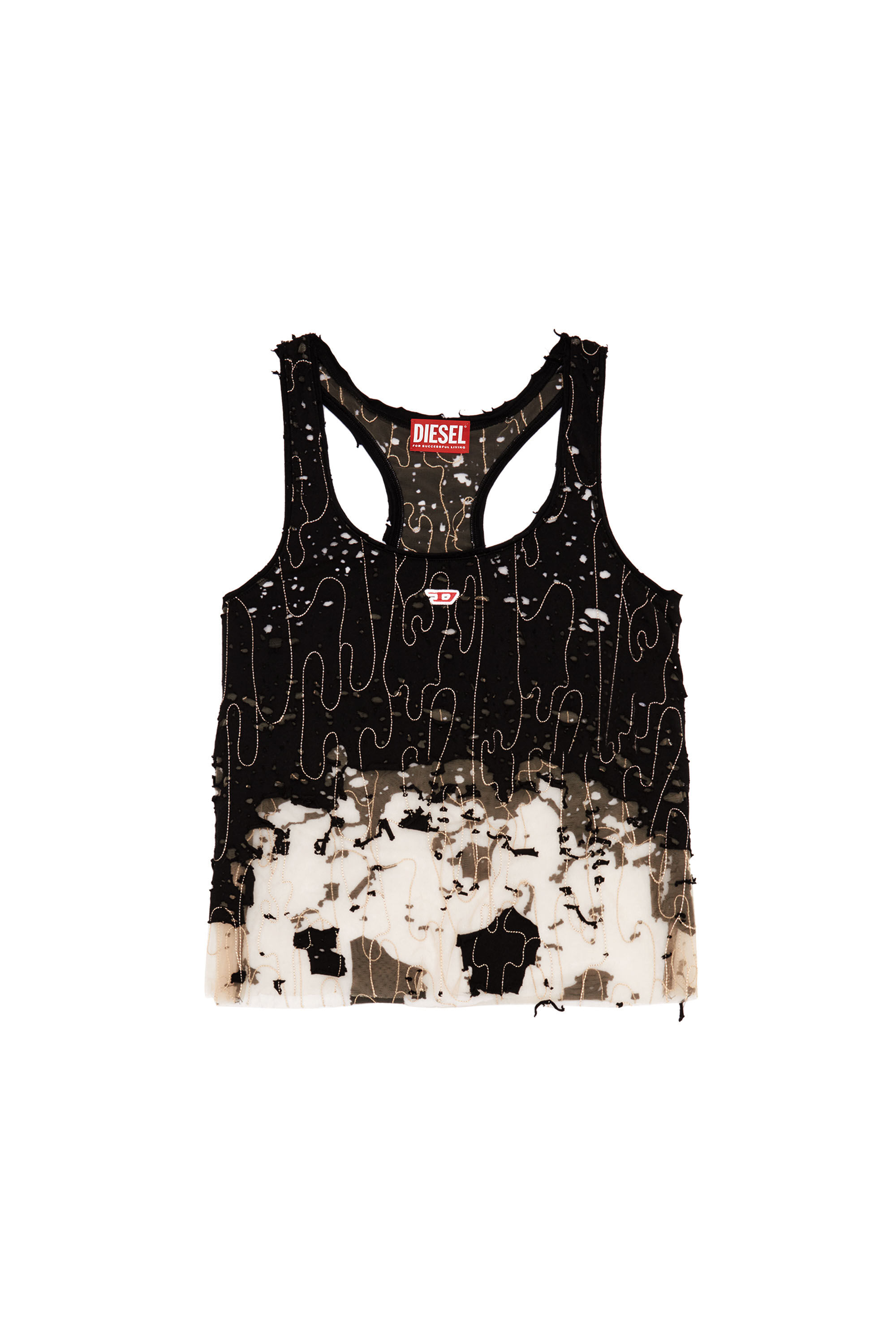 Diesel - T-BILS-DEV, Female's Tulle tank top with destroyed jersey in Black - 2